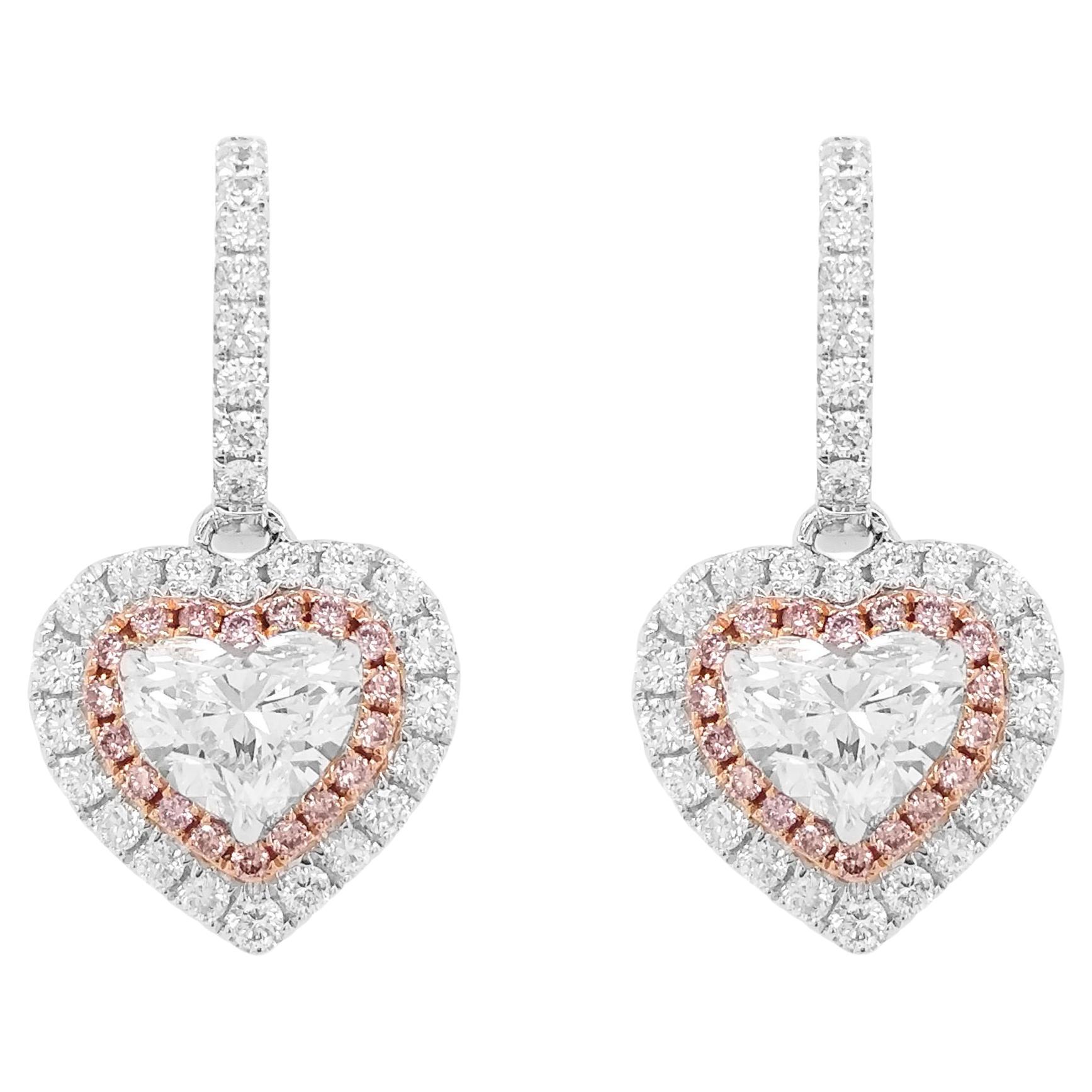 GIA-zertifizierte herzförmige Ohrringe aus 18 Karat Gold mit weißen Diamanten und rosa Diamanten in Herzform im Angebot