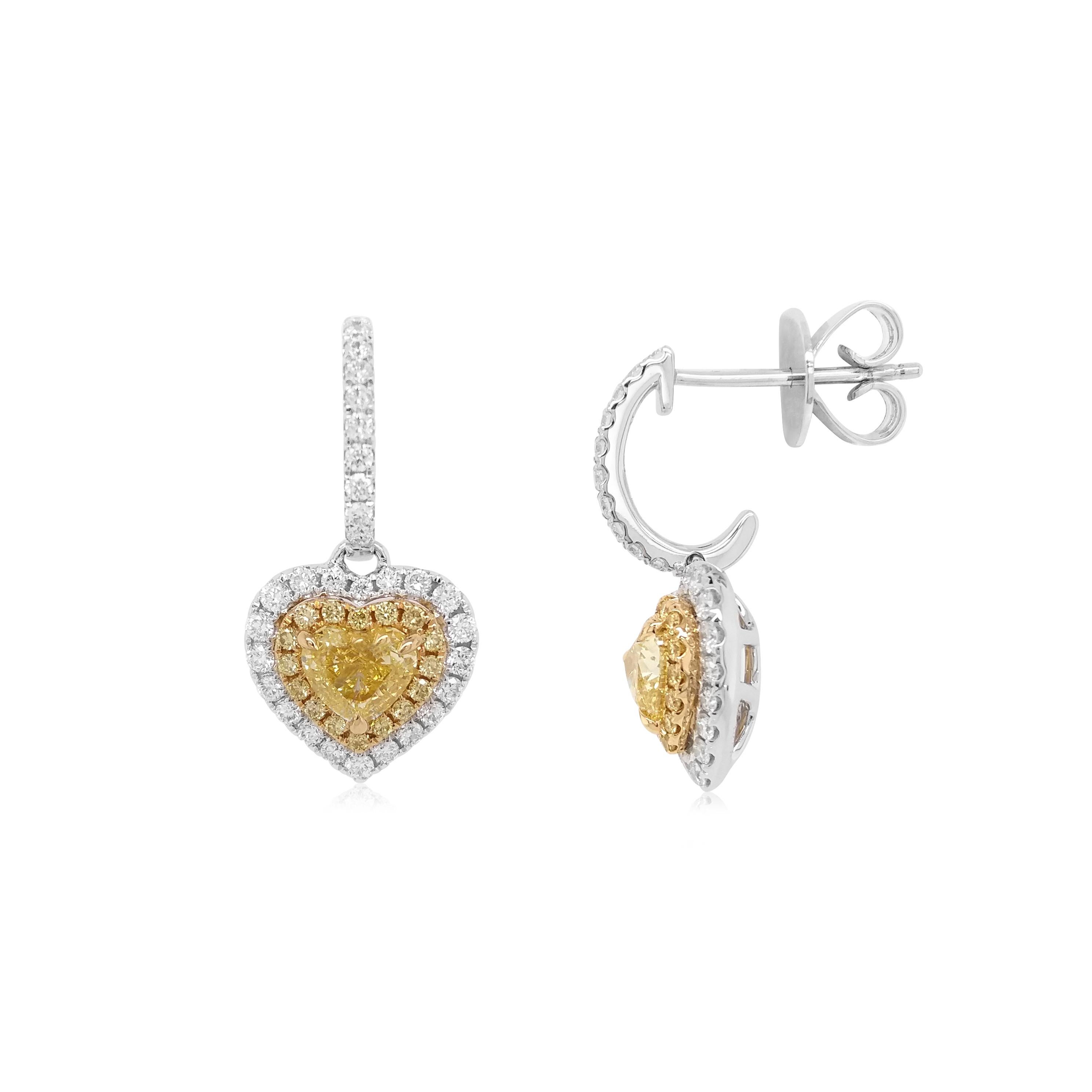 Contemporary GIA Certified 1.02ct Heart shape Yellow Diamond White Diamond 18K Gold Earrings