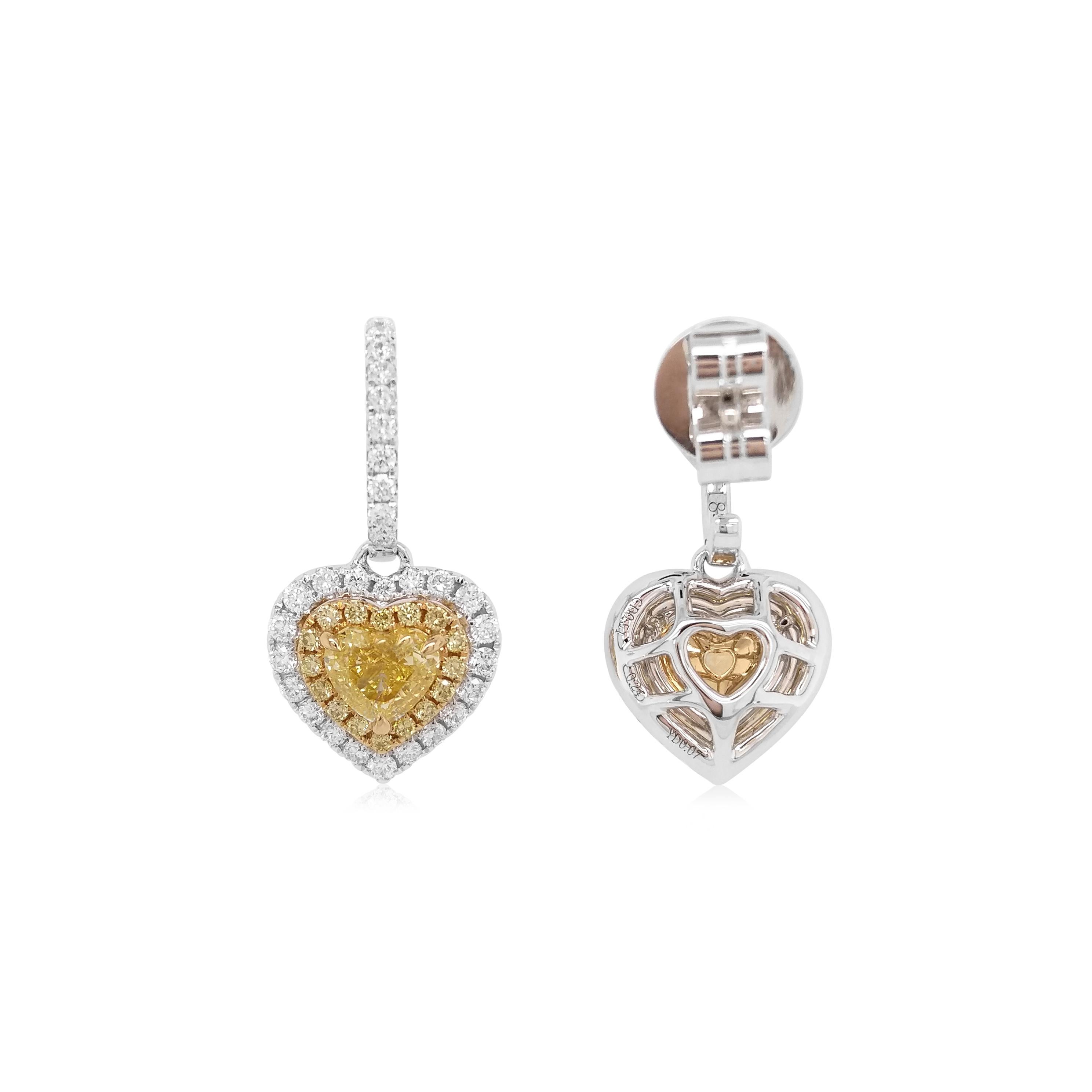 Heart Cut GIA Certified 1.02ct Heart shape Yellow Diamond White Diamond 18K Gold Earrings