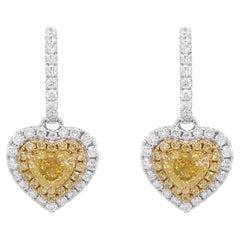 GIA Certified 1.02ct Heart shape Yellow Diamond White Diamond 18K Gold Earrings