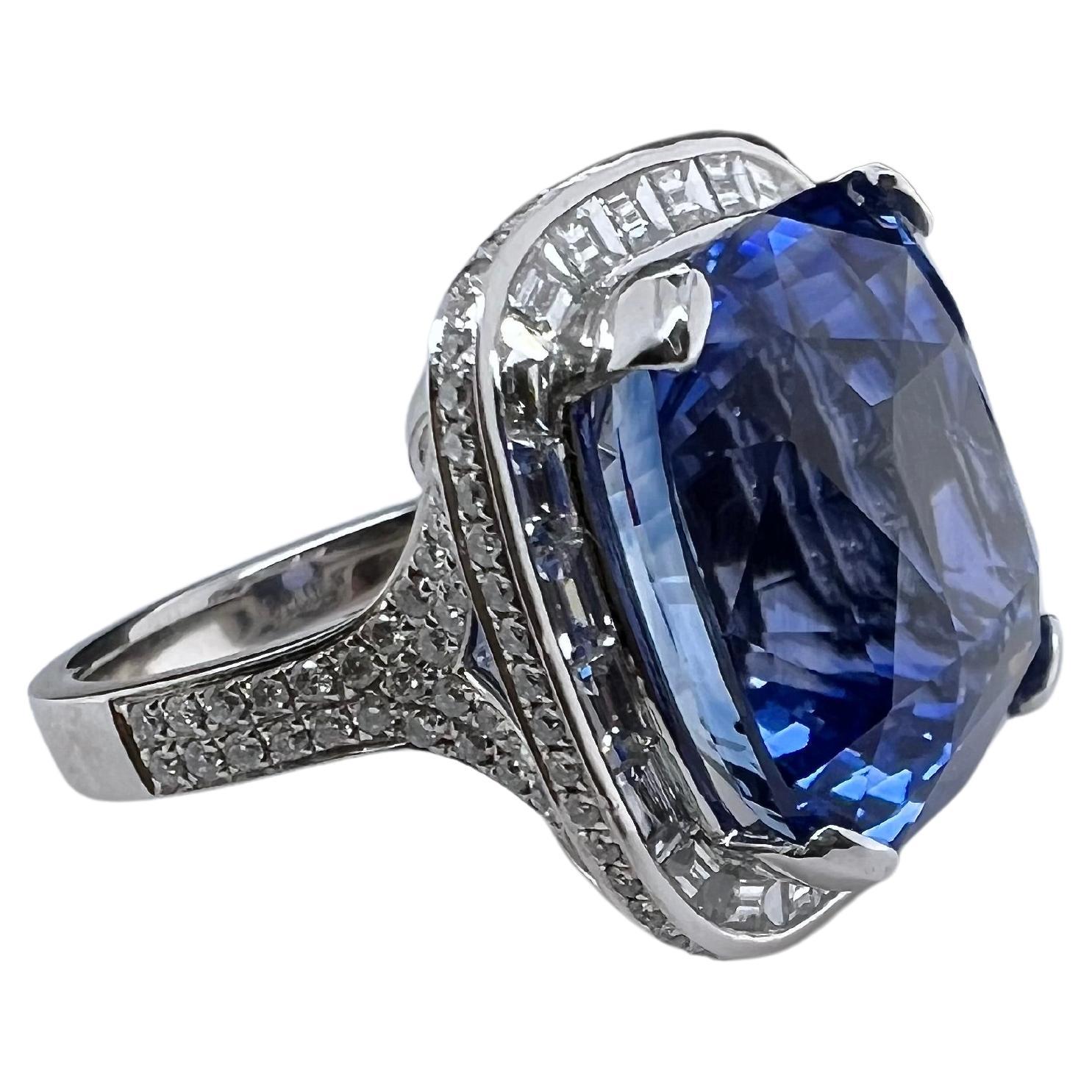 Cushion Cut GIA Certified Heated Blue Sapphire Ring with Diamond in Platinum For Sale