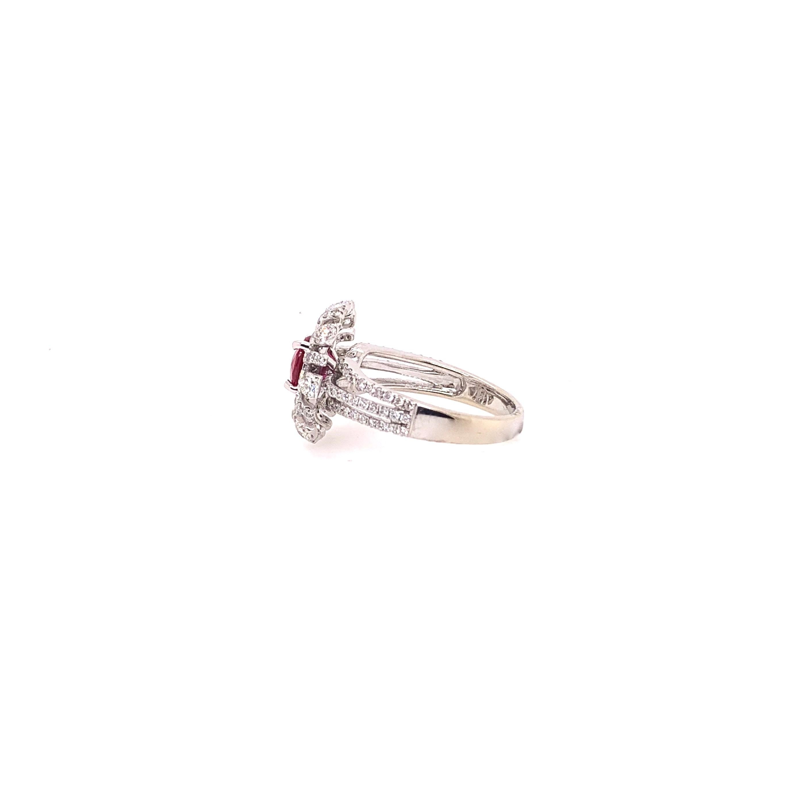 Round Cut GIA Certified Heated Ruby Diamond Cocktail Ring in 18 Carat White Gold For Sale