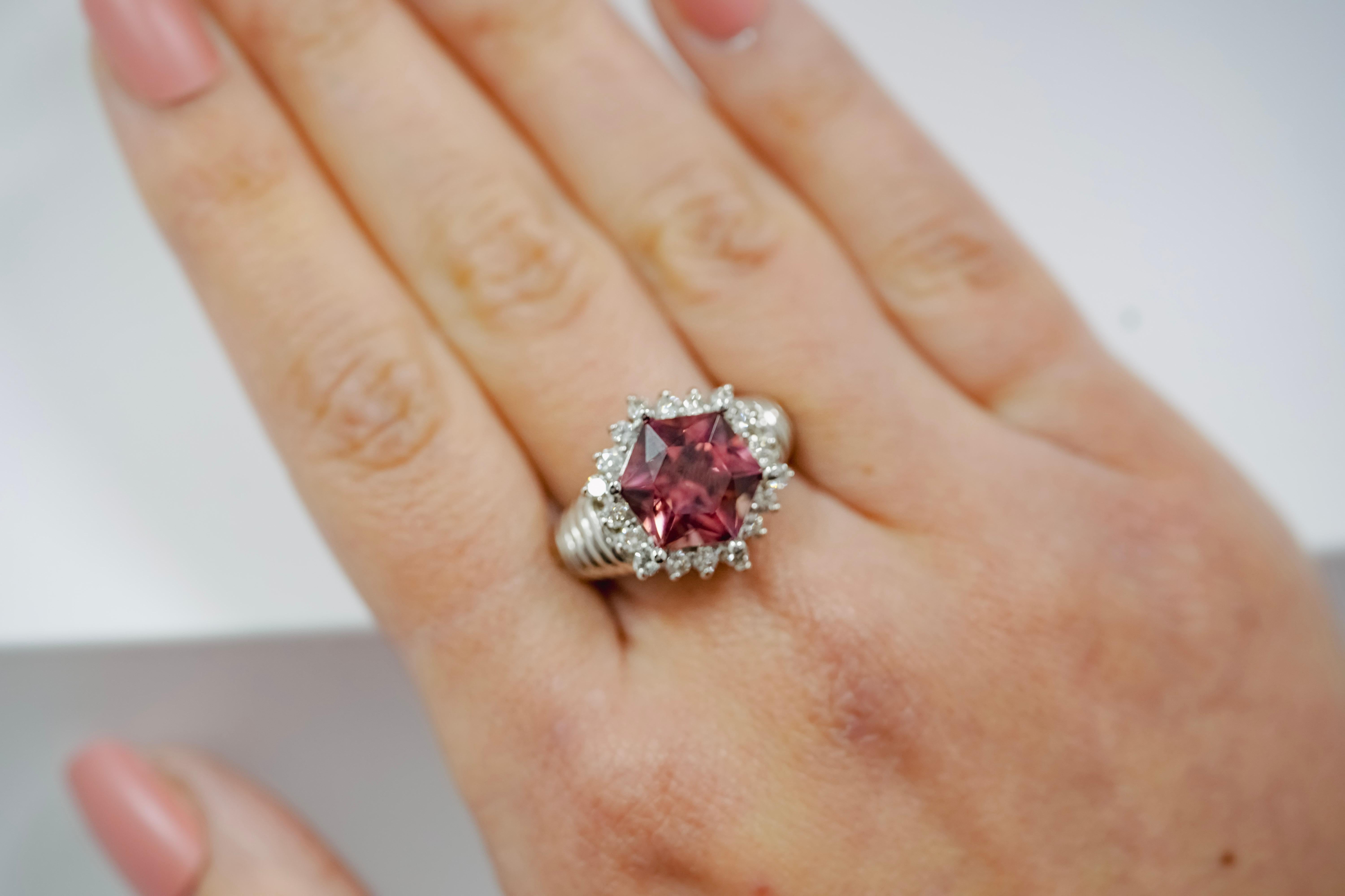 Art Deco GIA Certified Hexagon Pink Tourmaline with Diamond Halo Star Shape Ring For Sale