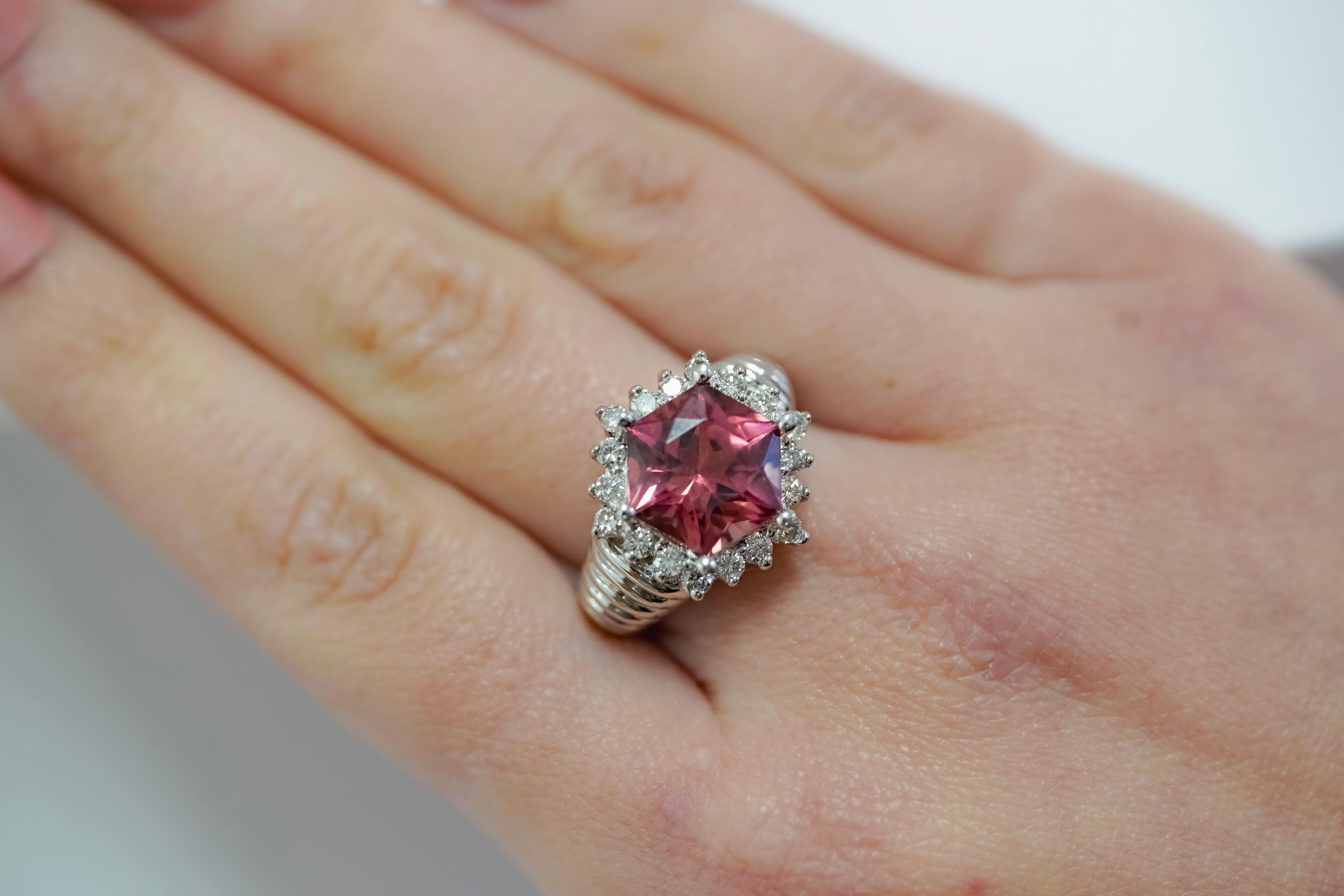 Hexagon Cut GIA Certified Hexagon Pink Tourmaline with Diamond Halo Star Shape Ring For Sale