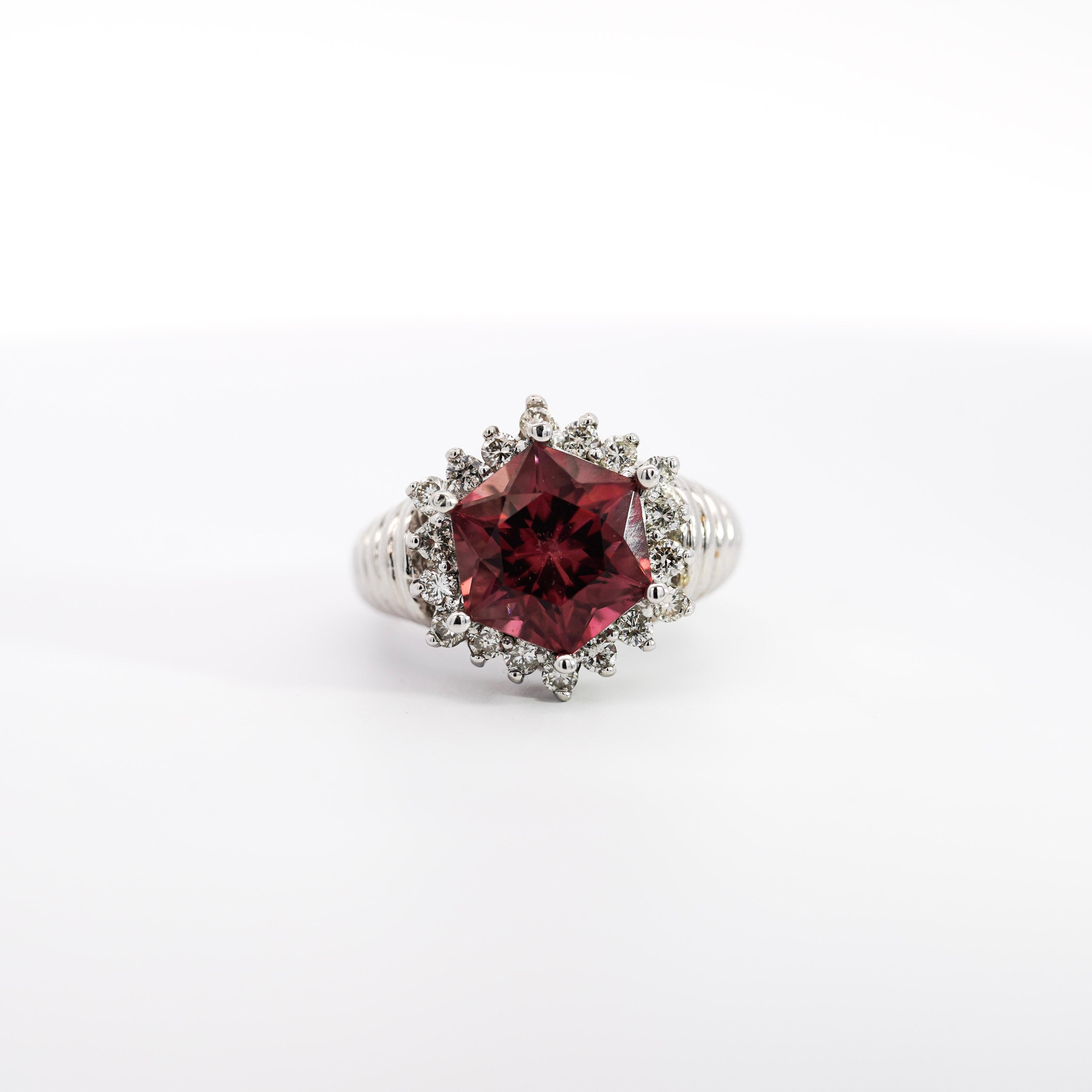 Women's GIA Certified Hexagon Pink Tourmaline with Diamond Halo Star Shape Ring For Sale