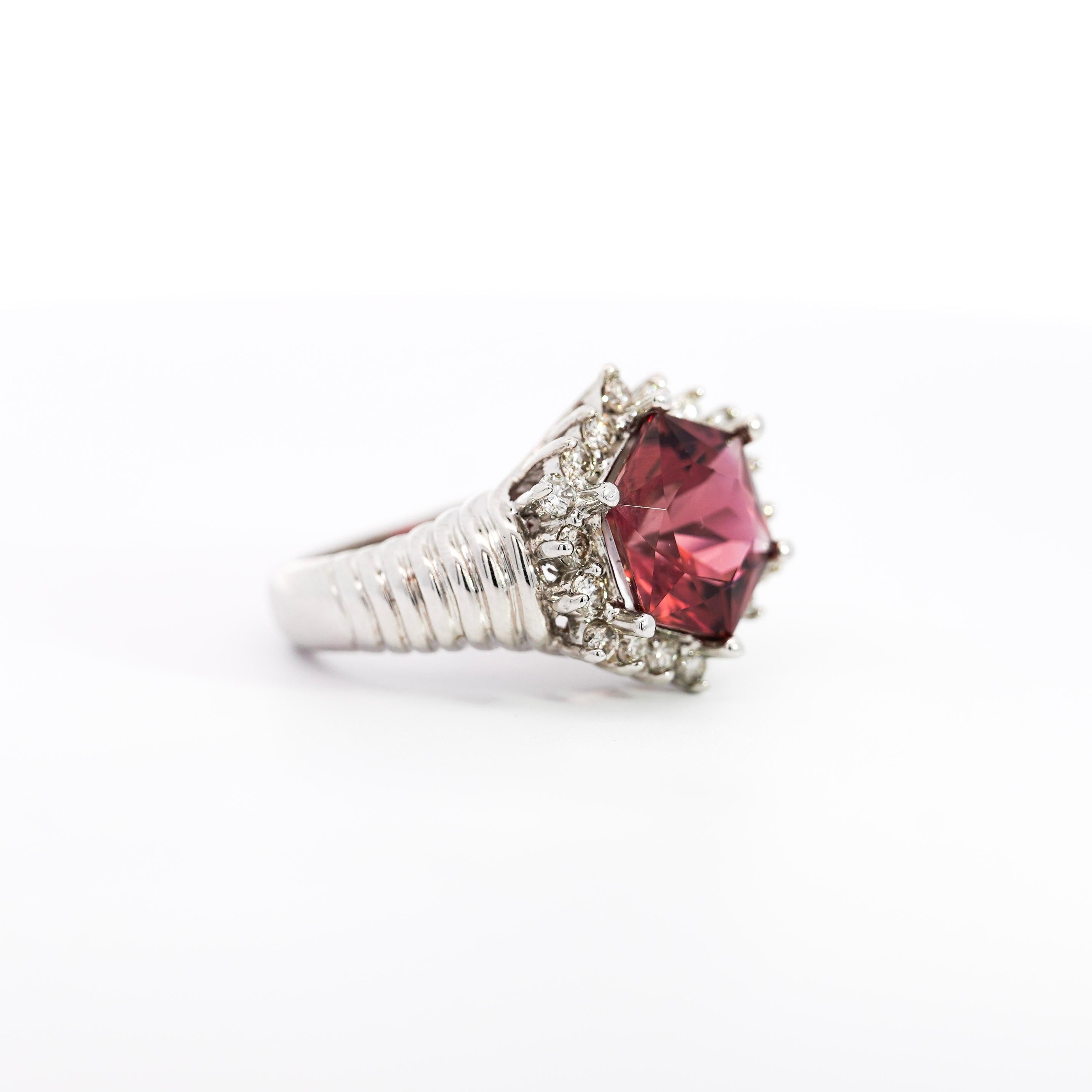GIA Certified Hexagon Pink Tourmaline with Diamond Halo Star Shape Ring For Sale 1