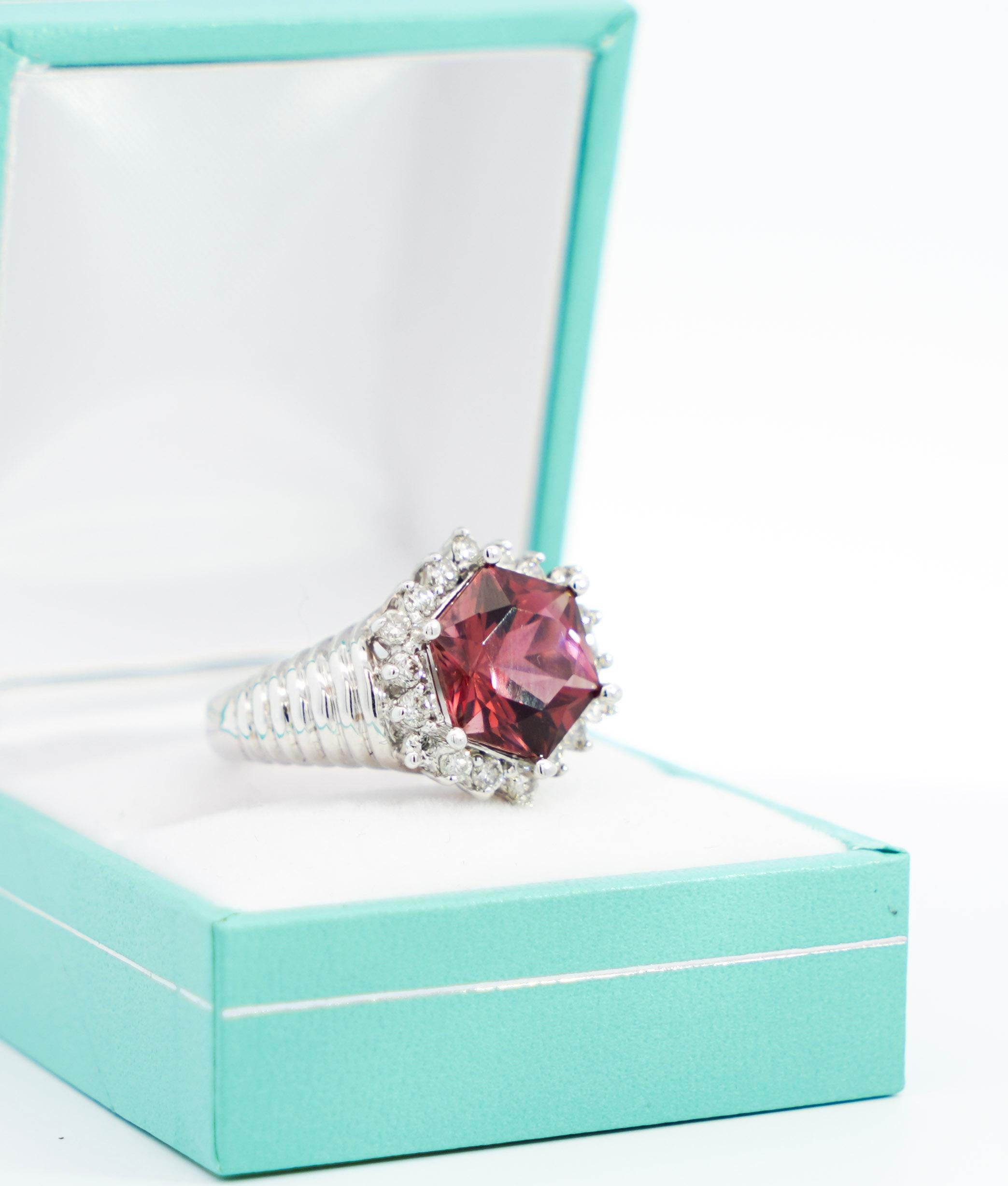 GIA Certified Hexagon Pink Tourmaline with Diamond Halo Star Shape Ring For Sale 2
