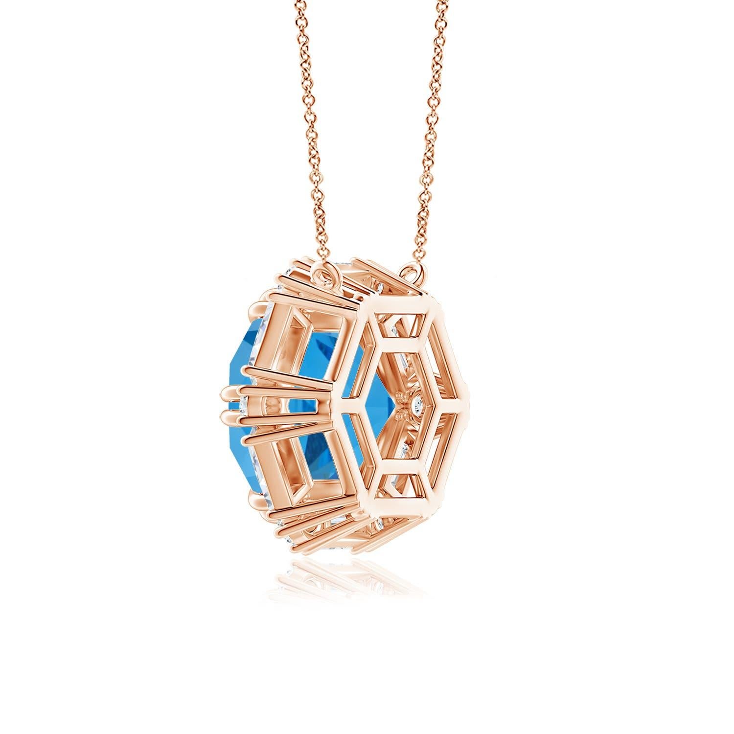 Modern GIA Certified Hexagonal 17.5 ct Swiss Blue Topaz Halo Pendant in 14K Rose Gold