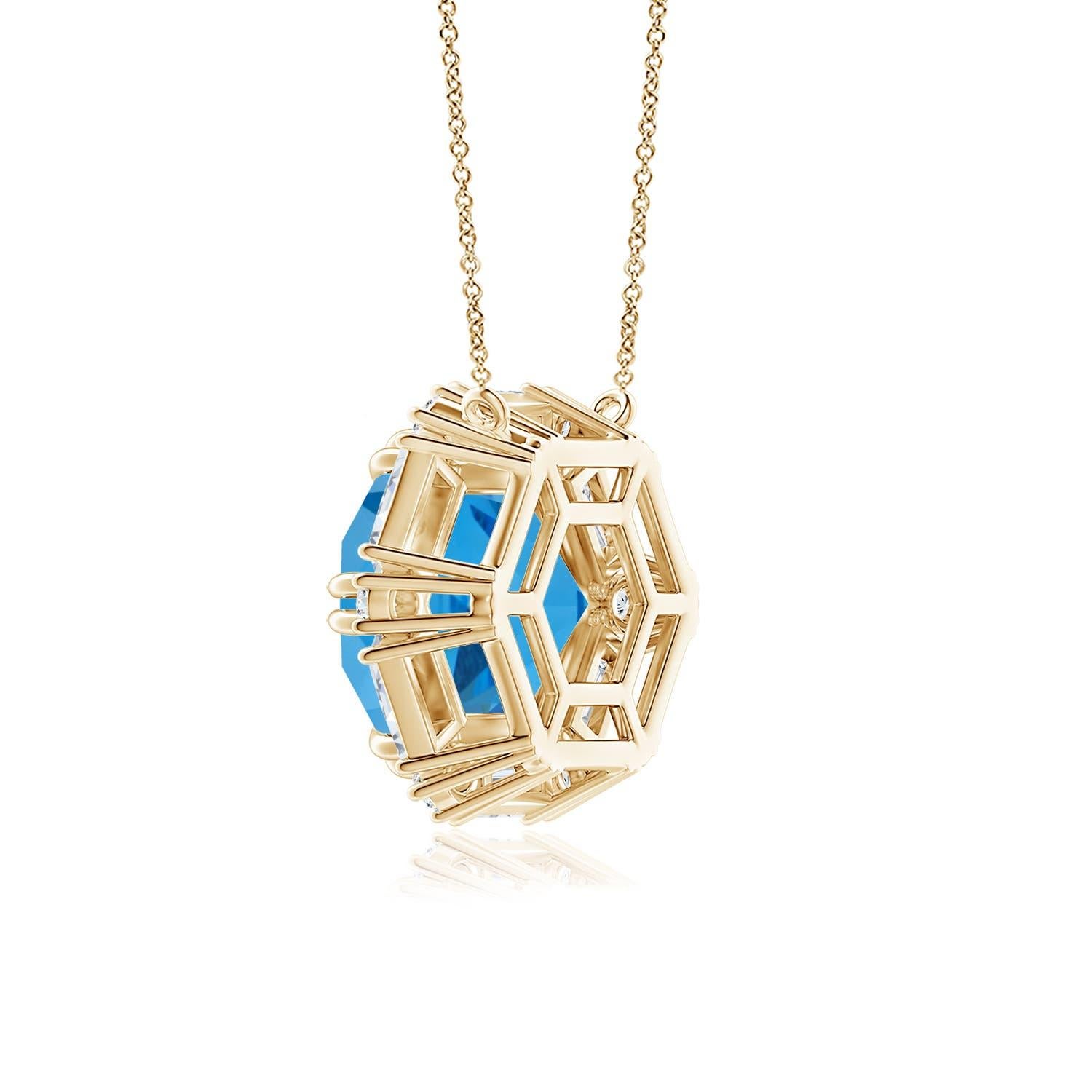 Modern GIA Certified Hexagonal 17.5 ct Swiss Blue Topaz Halo Pendant in Yellow Gold