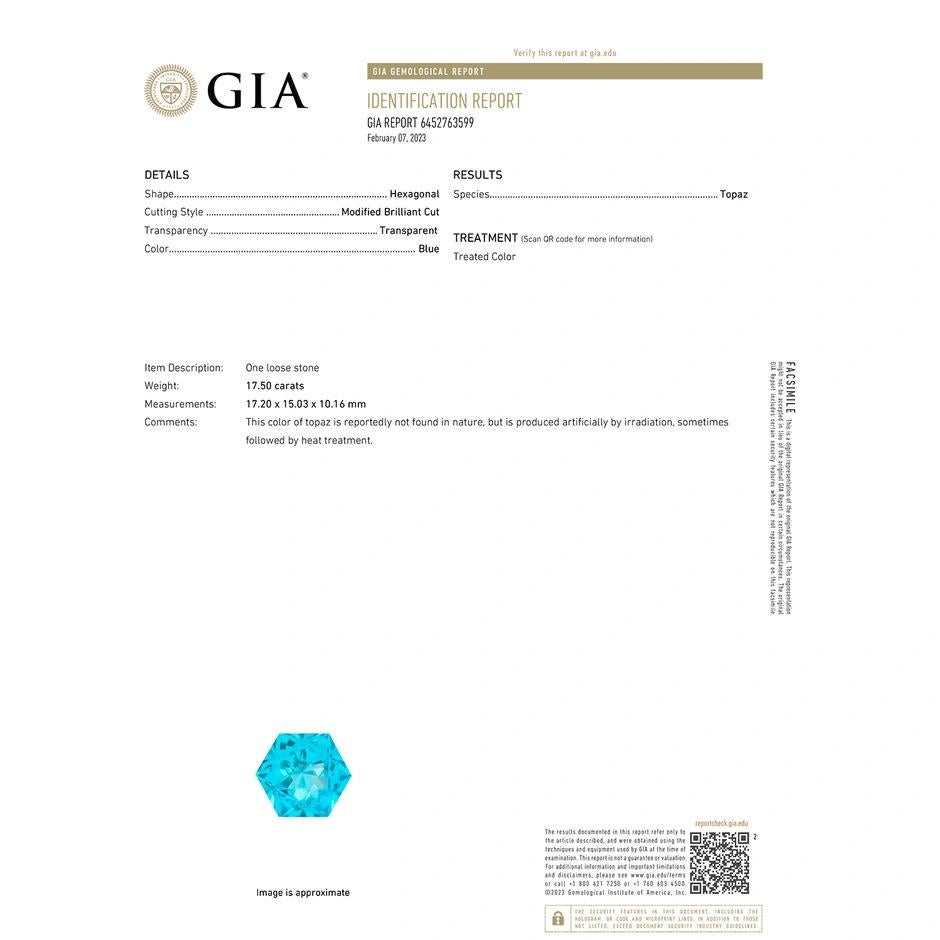 GIA Certified Hexagonal Cut 17.5 ct Swiss Blue Topaz Pendant in 14K White Gold 2