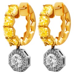 Pendientes de aro certificados por GIA con corte Asscher amarillo fantasía y gota de diamante blanco