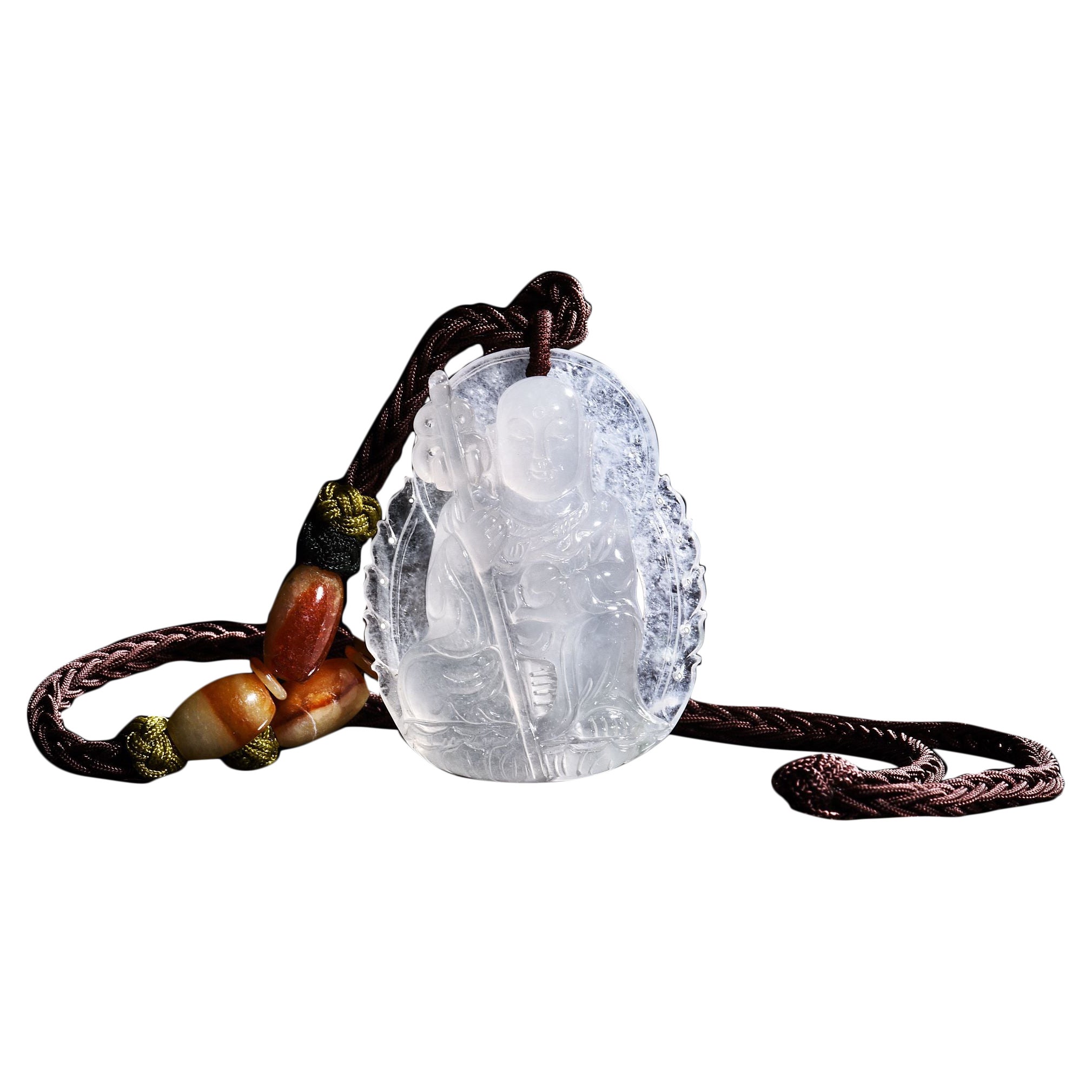 GIA Certified Icy Jadeite Buddha Pendant on Cord Necklace Natural Type A Jade