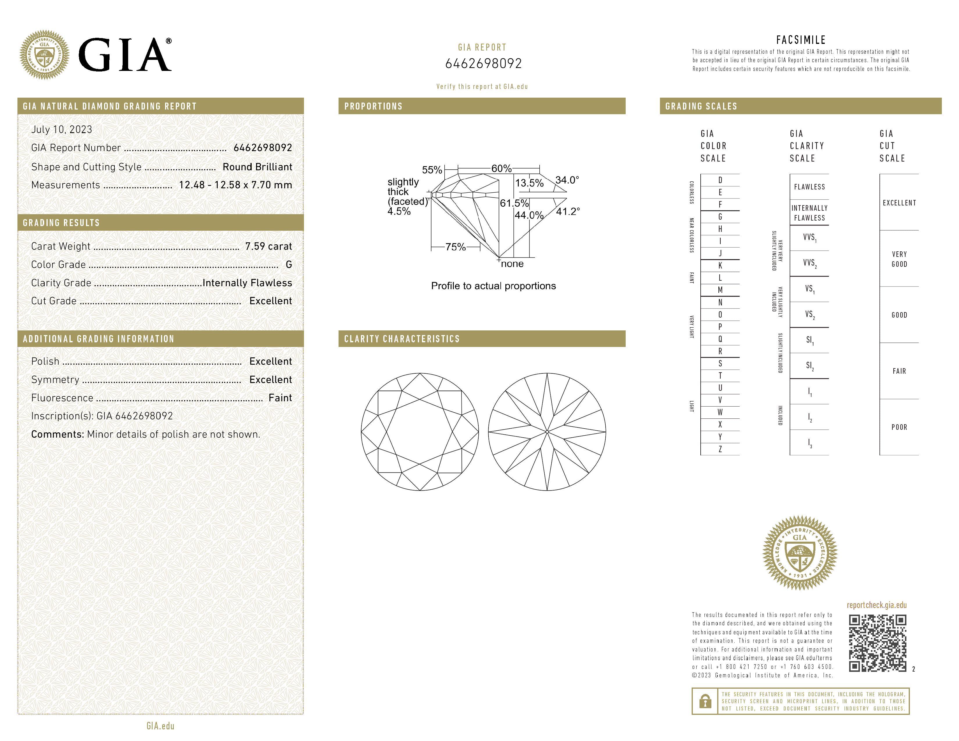 An exquisite 7.59 investment grade round brilliant cut diamond certified by GIA. We can custom design as per your request, additional fees may apply depending on design.

Shape ROUND 
Carat 7.59 
Color G 
Clarity IF 
Fluorescence FAINT
Cut