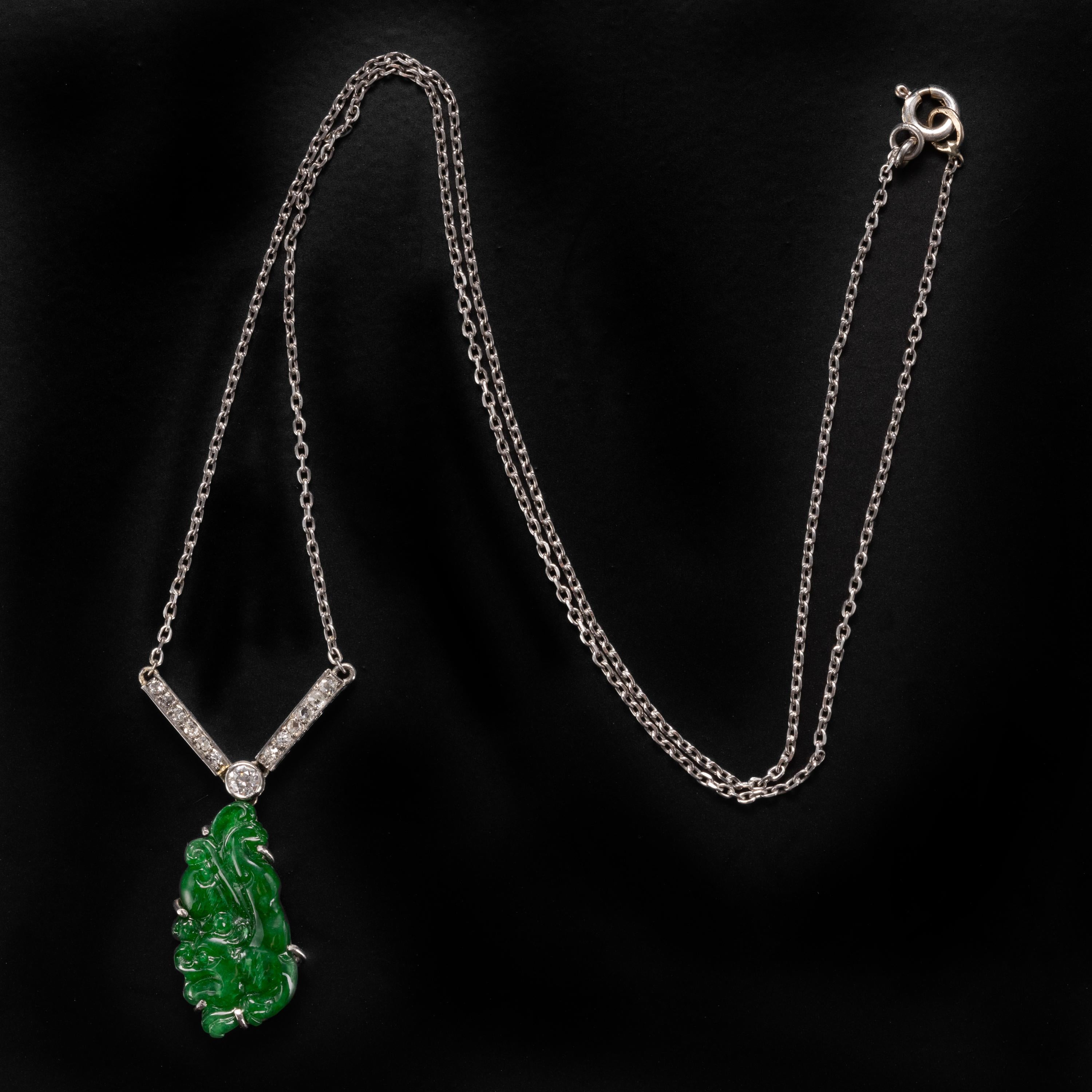 Created in the 1920s, this GIA certified natural and untreated jadeite jade displays a rich, emerald green color and high translucency. Jade this fine is exceedingly rare and is known as 