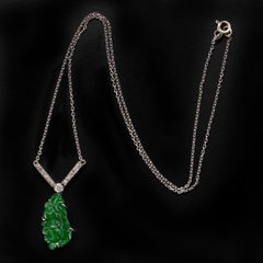 Imperial Jade Pendant, Diamonds, Platinum, Art Deco, GIA Certified Untreated