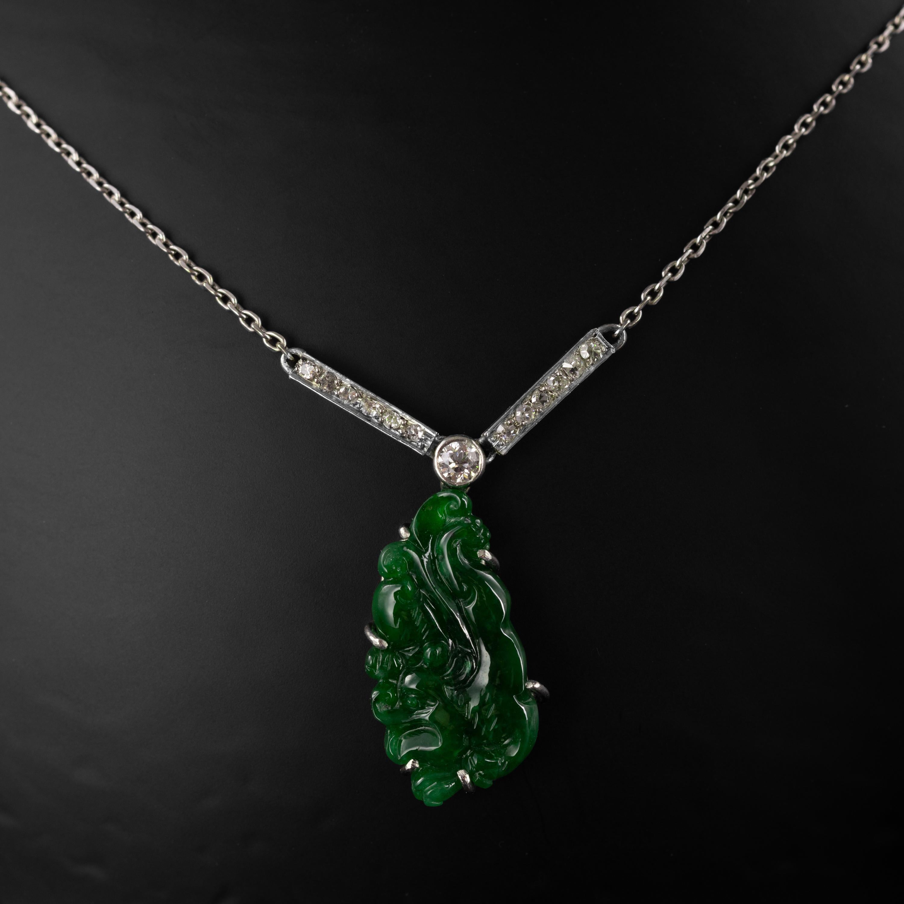 Old European Cut Imperial Jade Pendant, Diamonds, Platinum, Art Deco, GIA Certified Untreated