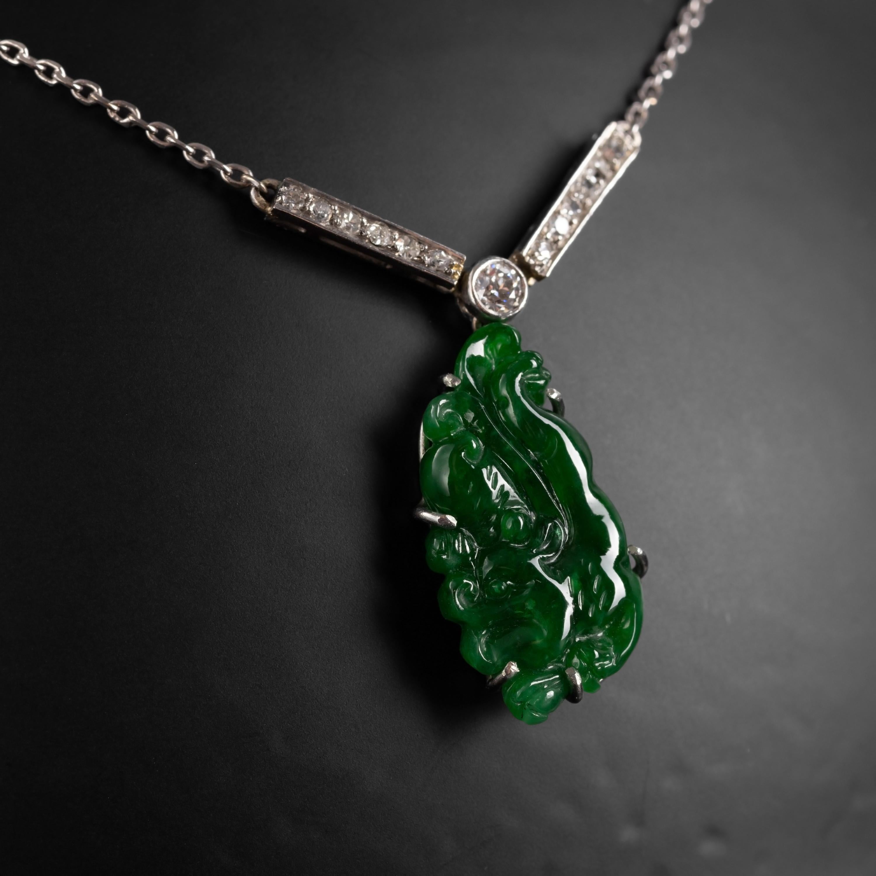 Imperial Jade Pendant, Diamonds, Platinum, Art Deco, GIA Certified Untreated In Excellent Condition In Southbury, CT