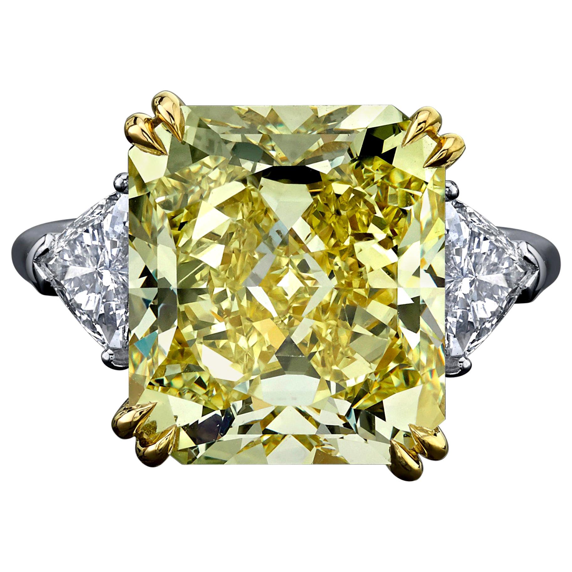 GIA Certified Important 10.12 Carat Fancy Intense Yellow Radiant Diamond Ring For Sale