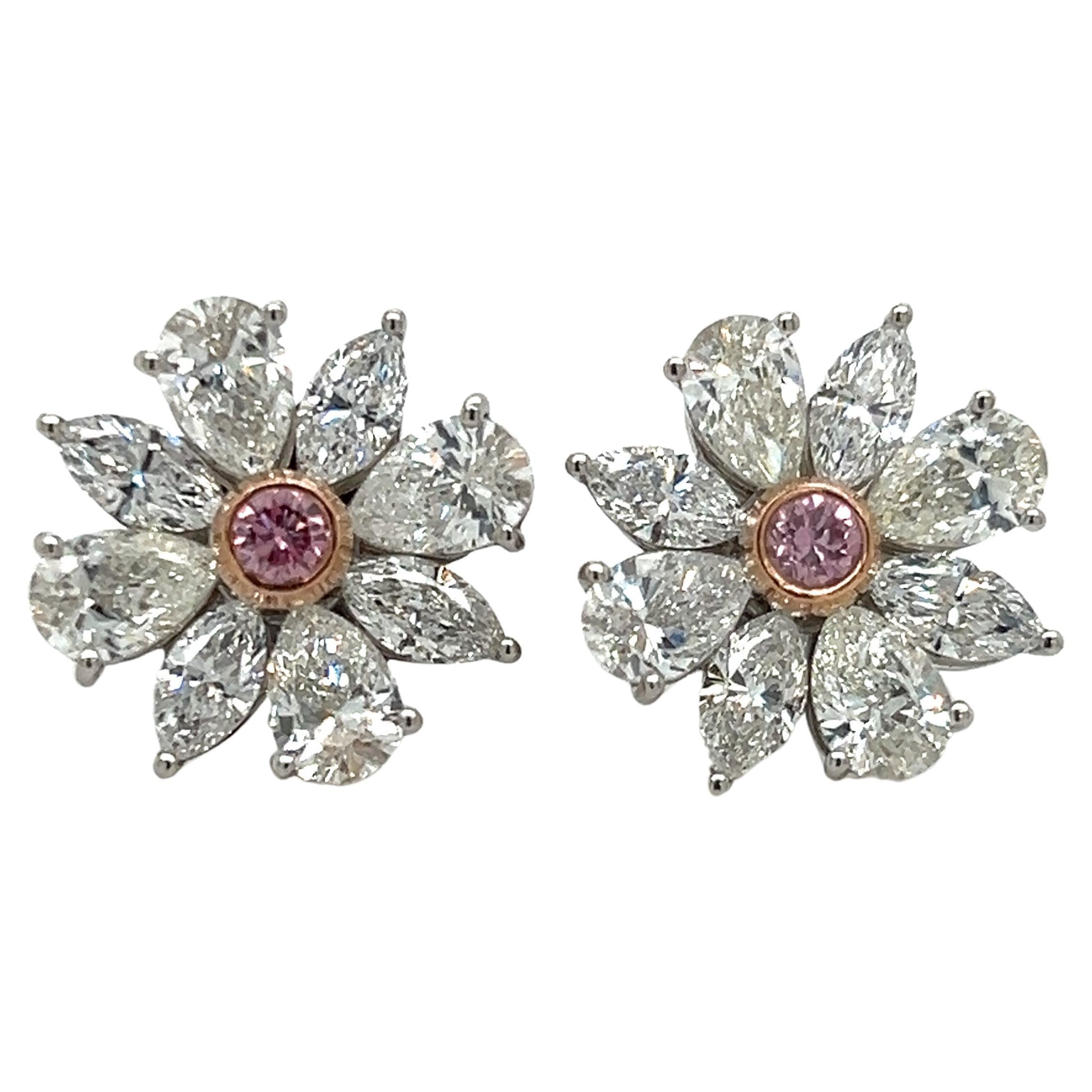 Contemporary GIA Certified Intense Pink Diamond Cluster Earrings Hand Made Platinum 4.20 Ct. For Sale