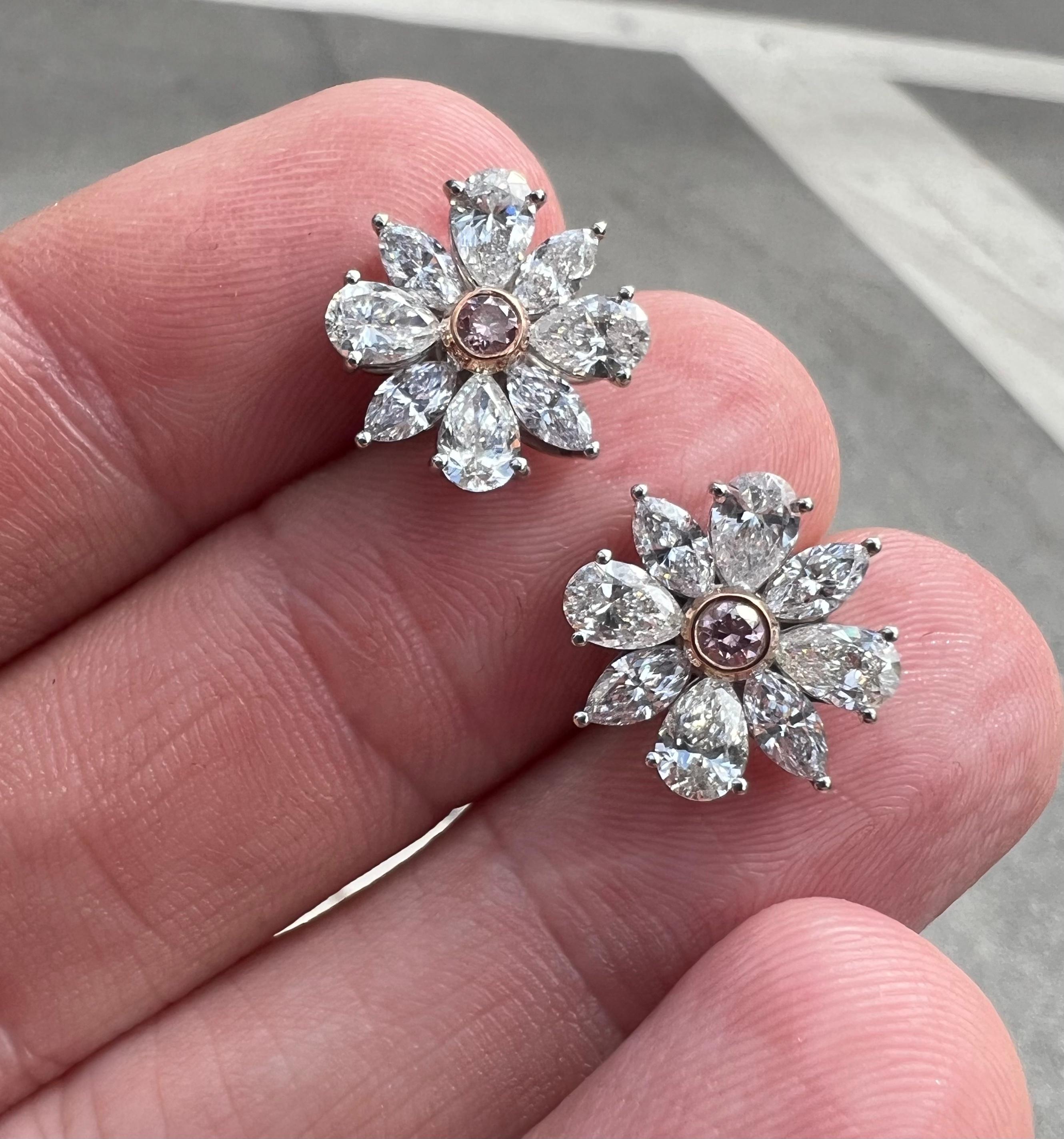 GIA Certified Intense Pink Diamond Cluster Earrings Hand Made Platinum 4.20 Ct. For Sale 2