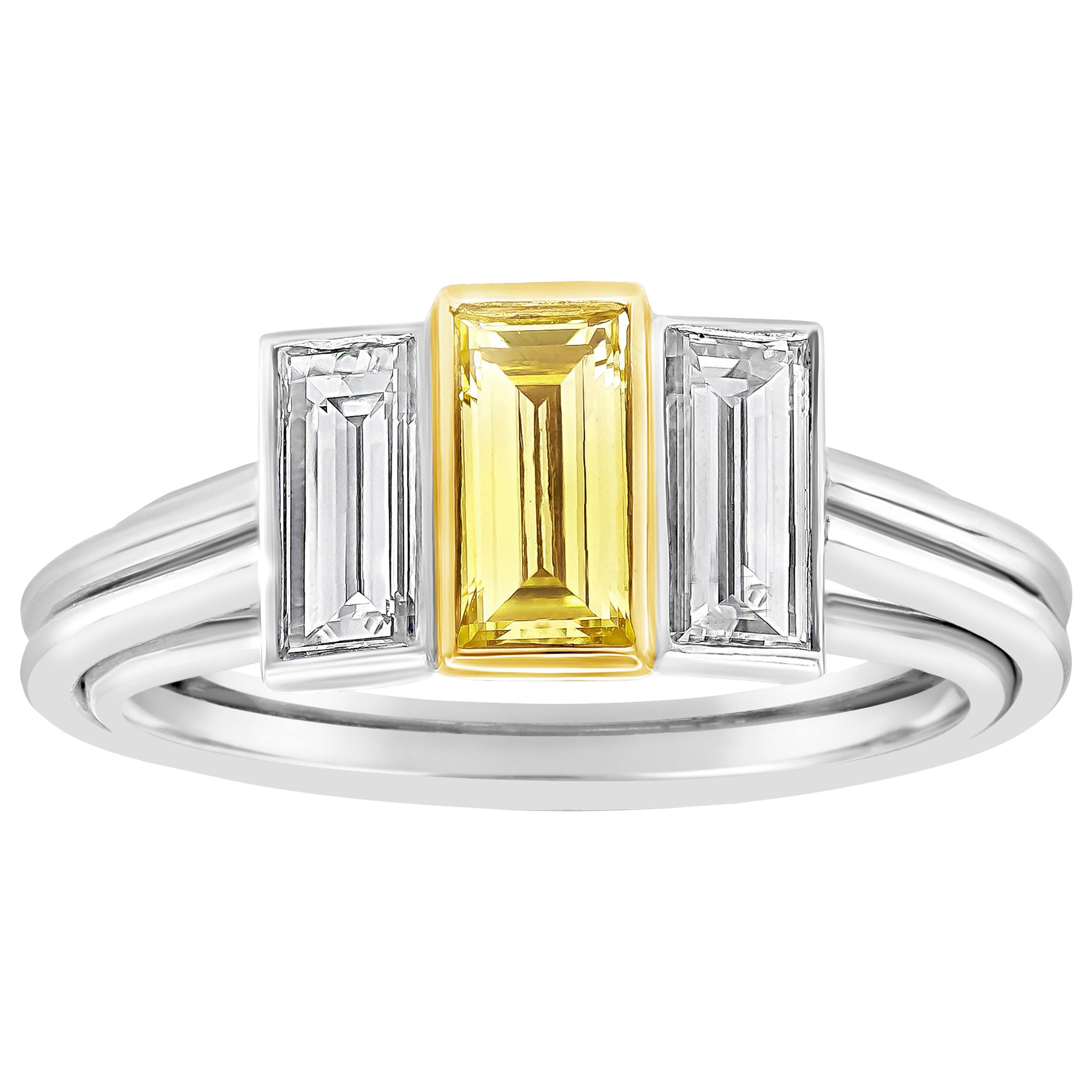 GIA Certified 0.50 Fancy Intense Yellow Diamond Three-Stone Engagement Ring For Sale