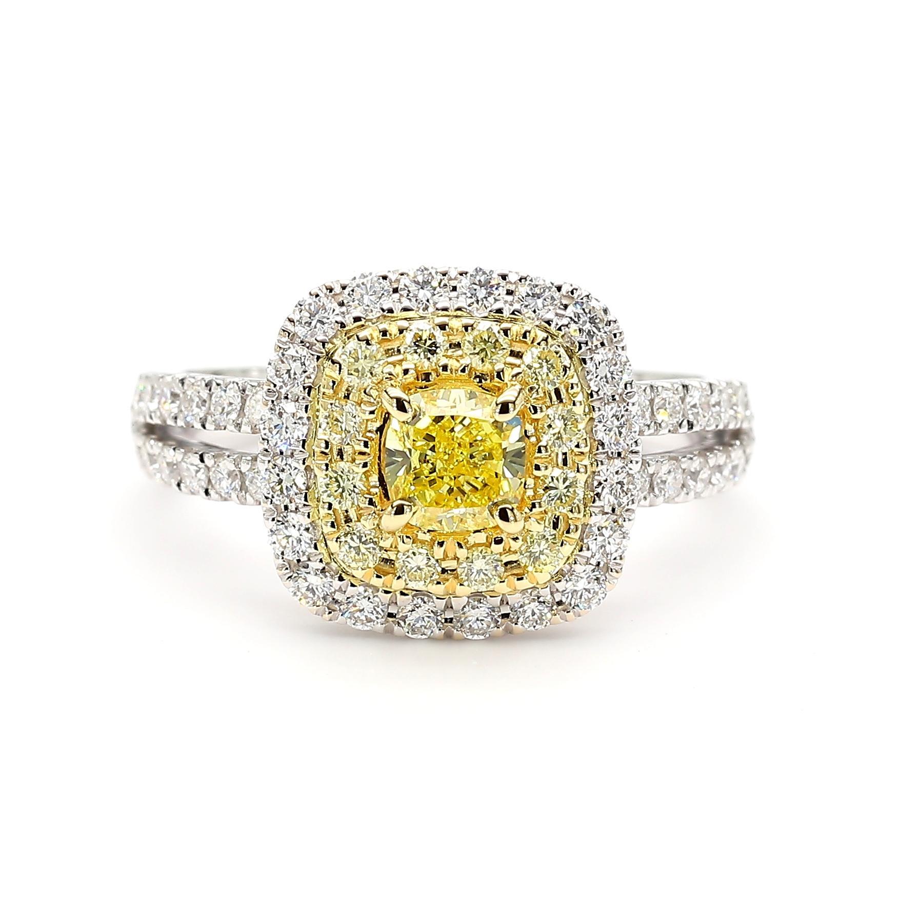 Contemporary GIA Certified Intense Yellow Cushion Diamond 1.17 Carat TW Gold Cocktail Ring For Sale