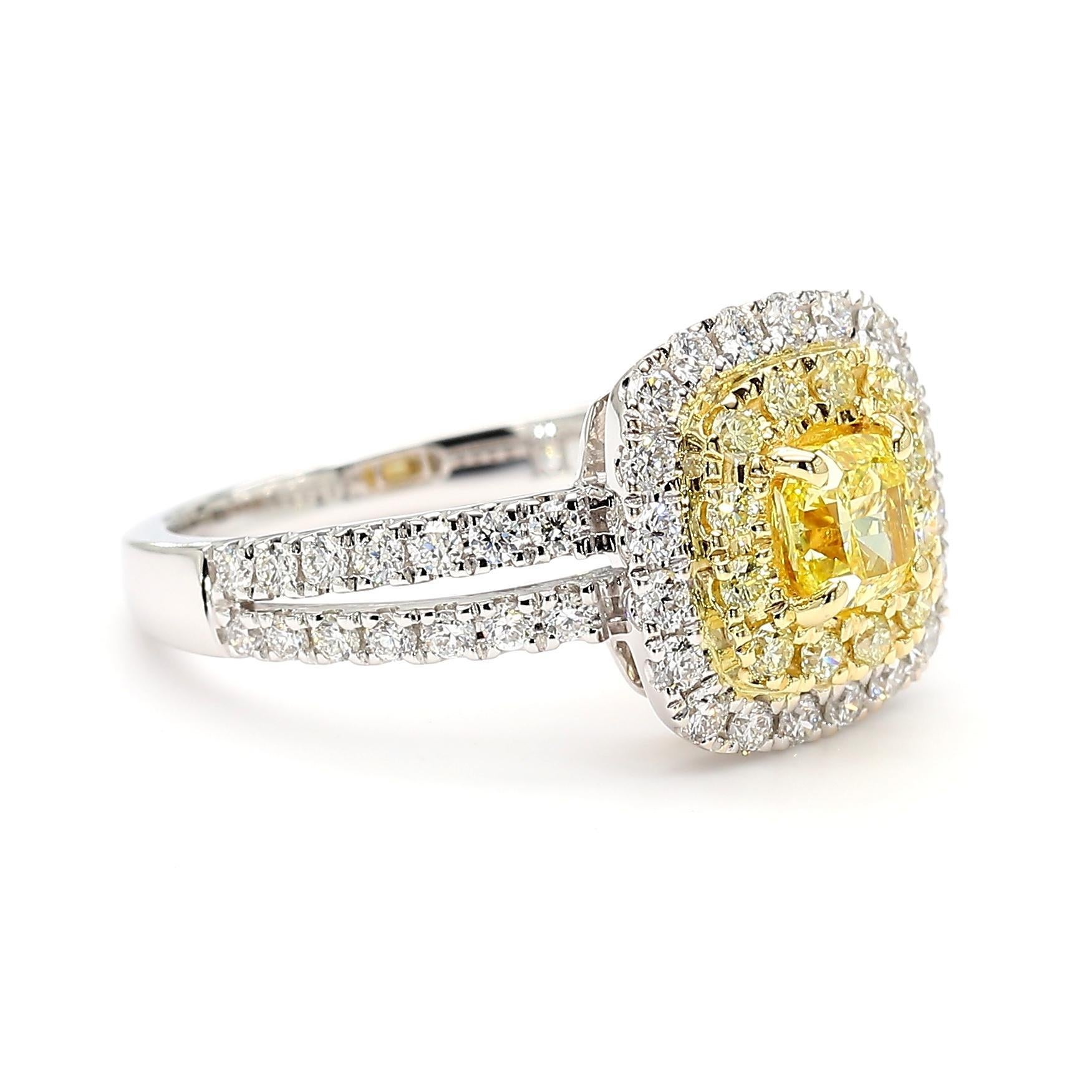 Cushion Cut GIA Certified Intense Yellow Cushion Diamond 1.17 Carat TW Gold Cocktail Ring For Sale