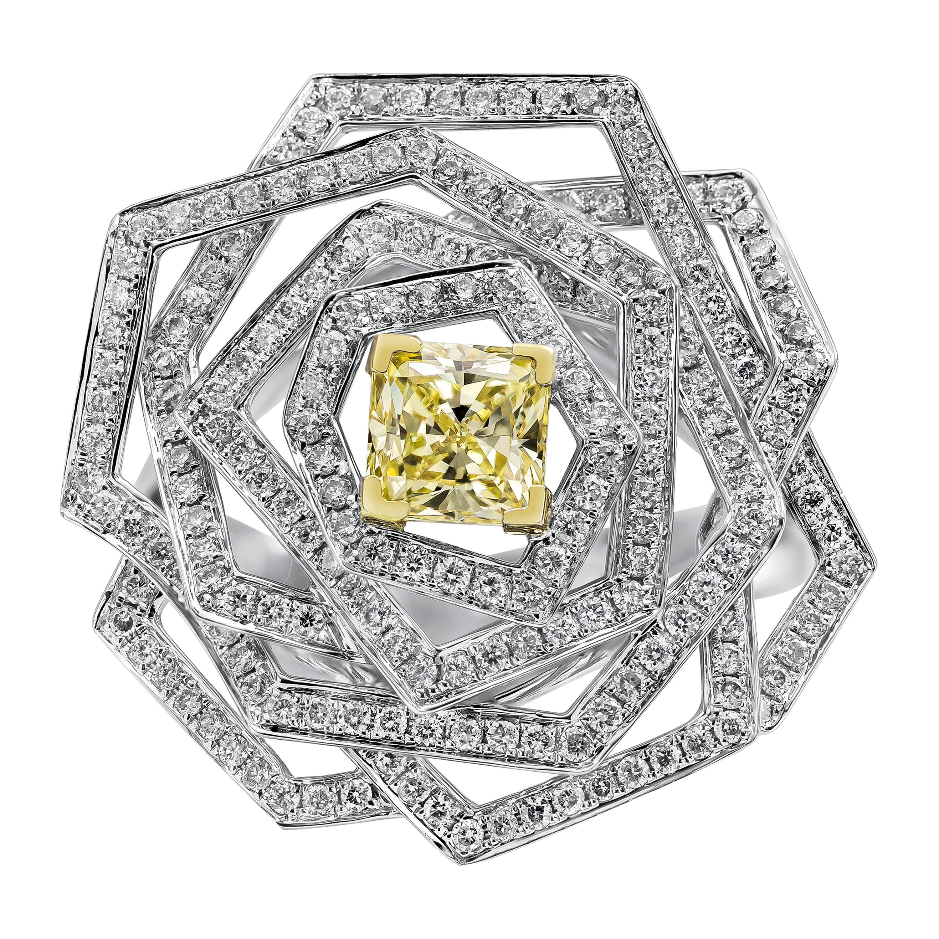 GIA Certified 0.81 Carat Radiant Cut Fancy Intense Yellow Diamond Flower Ring For Sale