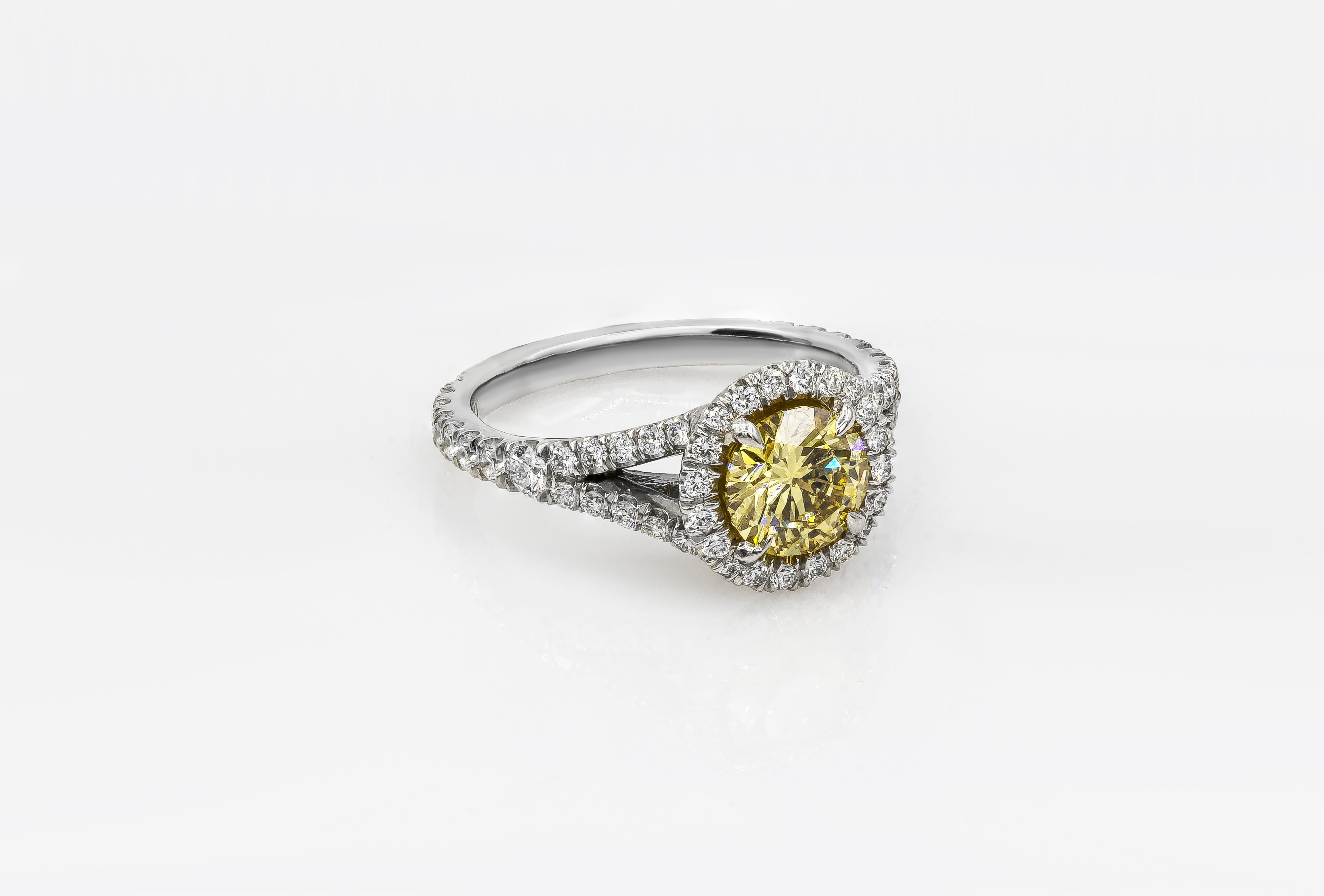 Round Cut Roman Malakov GIA Certified 1.04 Carat Round Yellow Diamond Halo Engagement Ring For Sale