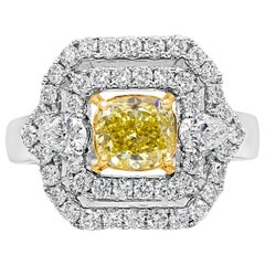 GIA Certified 1.32 Carats Cushion Cut Yellow Diamond Double Halo Engagement Ring