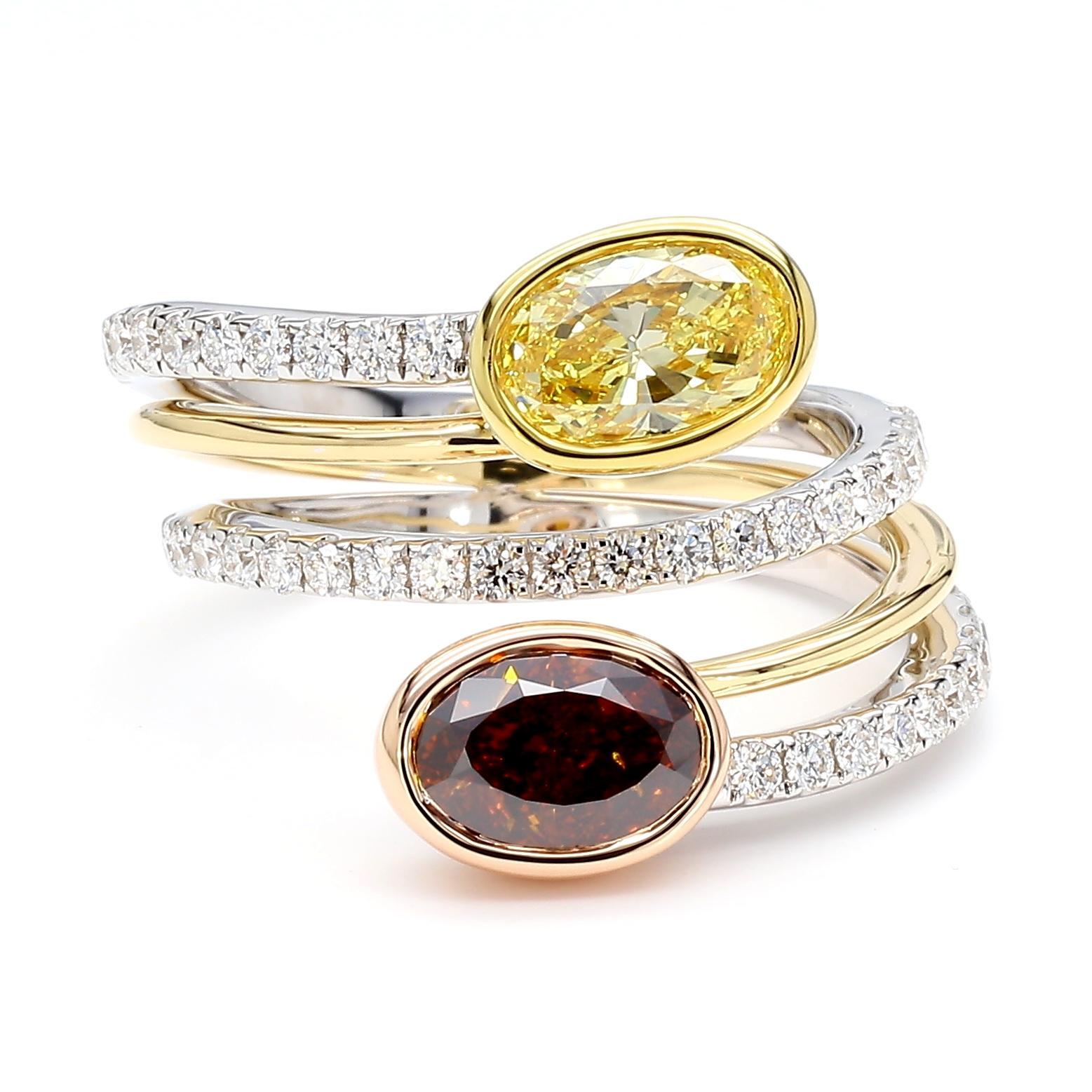 GIA-zertifizierter intensiver gelber ovaler Diamant 2,50 Karat Tw Gold Cocktail Ring (Zeitgenössisch) im Angebot