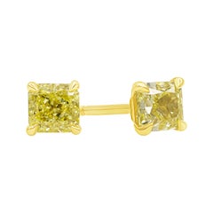 GIA Certified 1.15 Carats Total Radiant Cut Fancy Yellow Diamond Stud Earrings