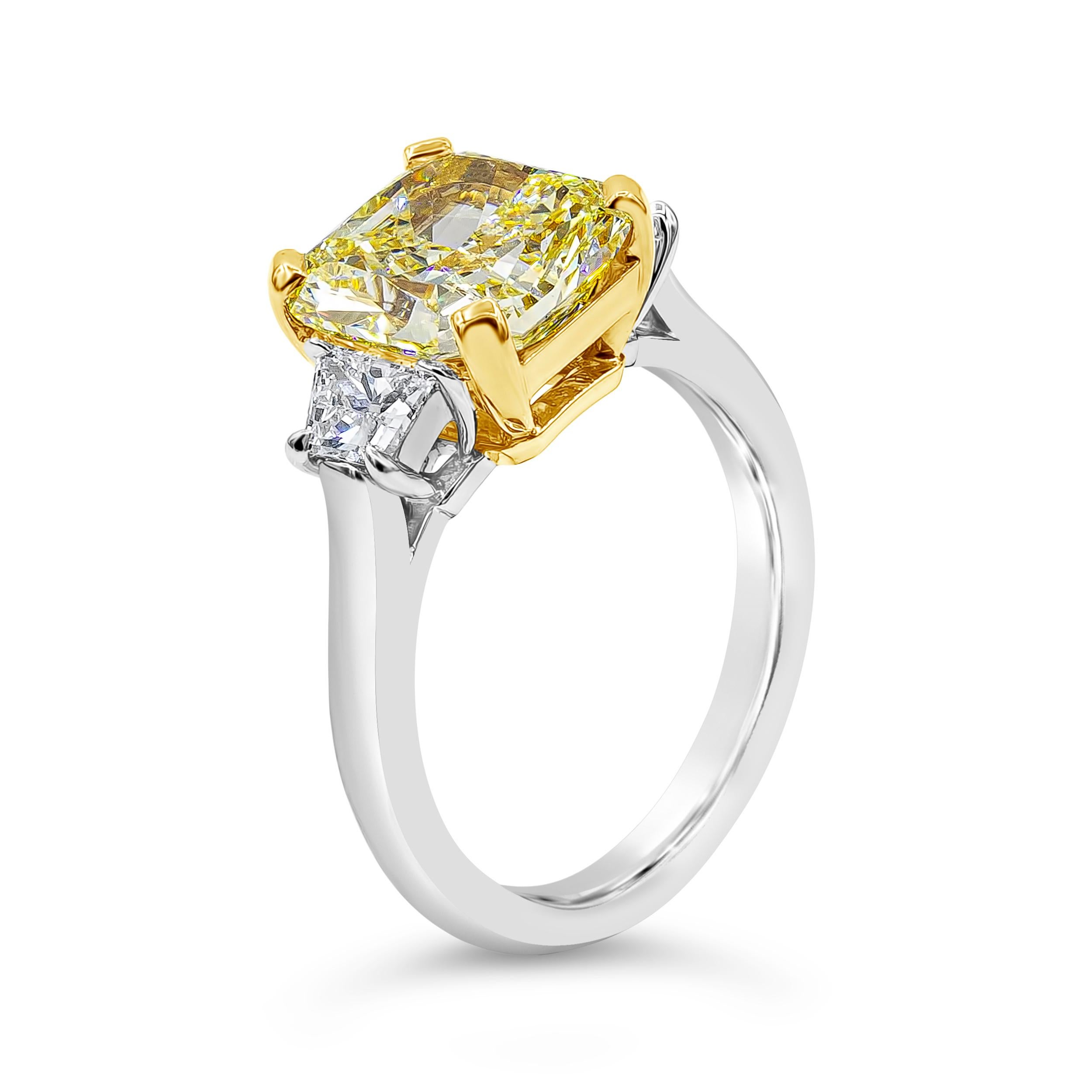 Contemporary GIA Certified 3.64 Carats Radiant Cut Intense Yellow Diamond Engagement Ring For Sale
