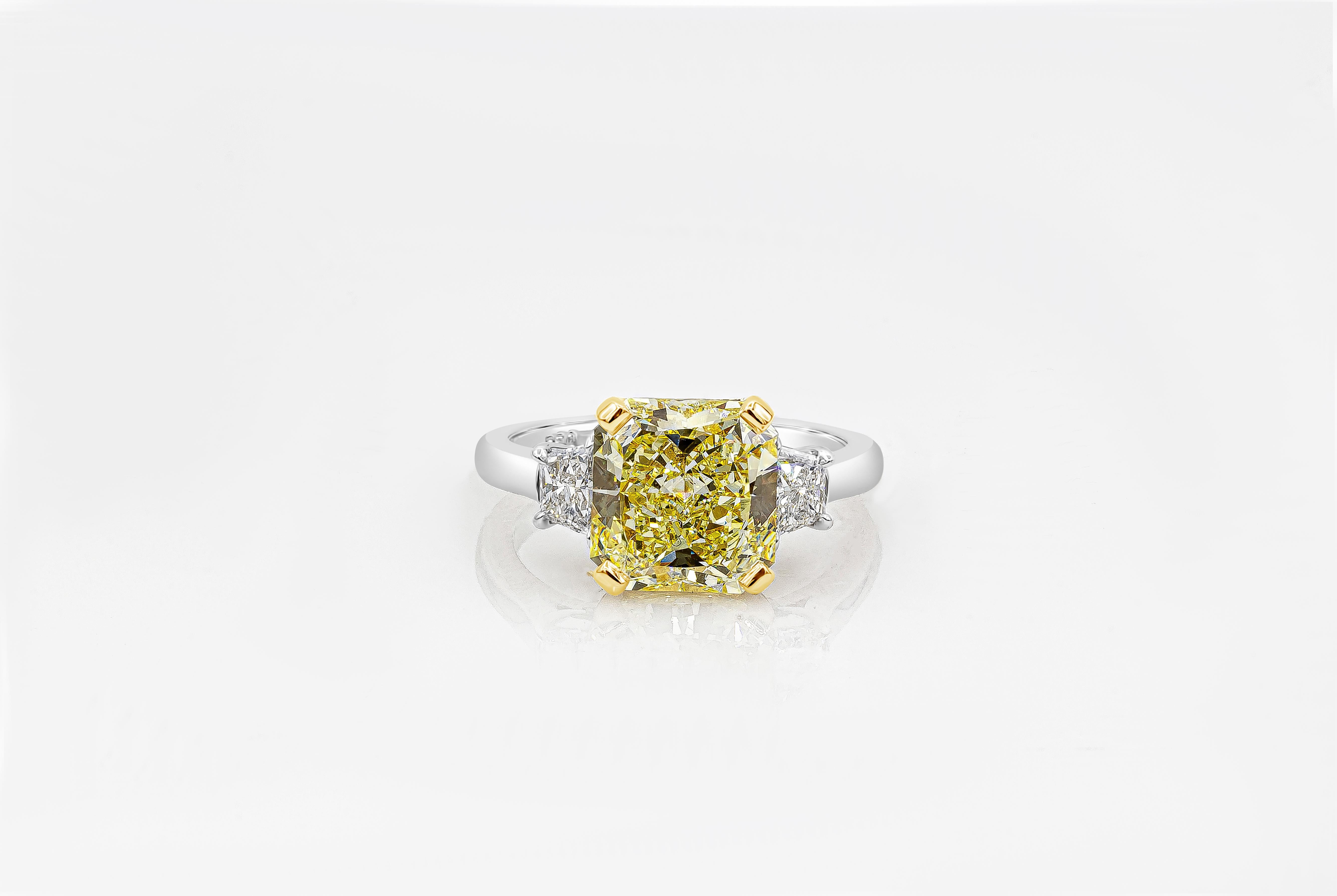 GIA Certified 3.64 Carats Radiant Cut Intense Yellow Diamond Engagement Ring In New Condition For Sale In New York, NY