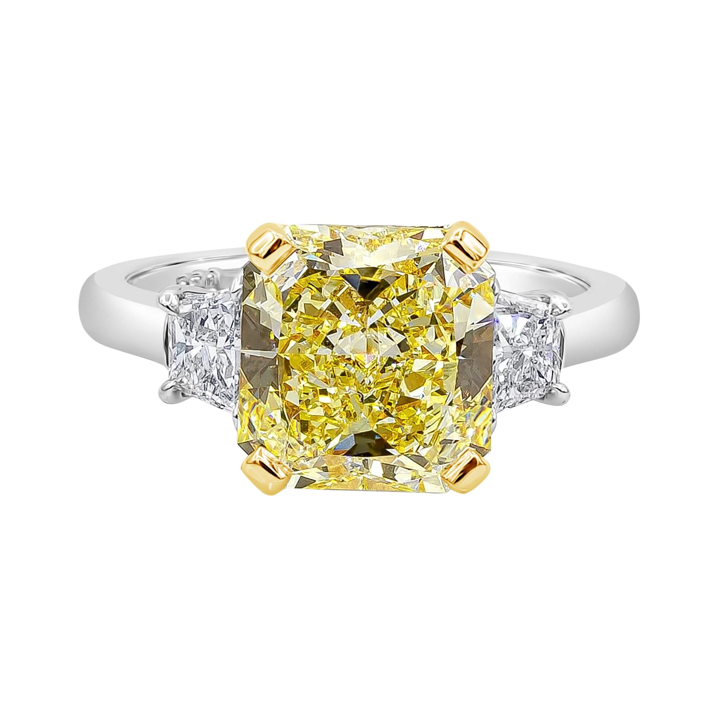 GIA Certified 3.64 Carats Radiant Cut Intense Yellow Diamond Engagement Ring For Sale