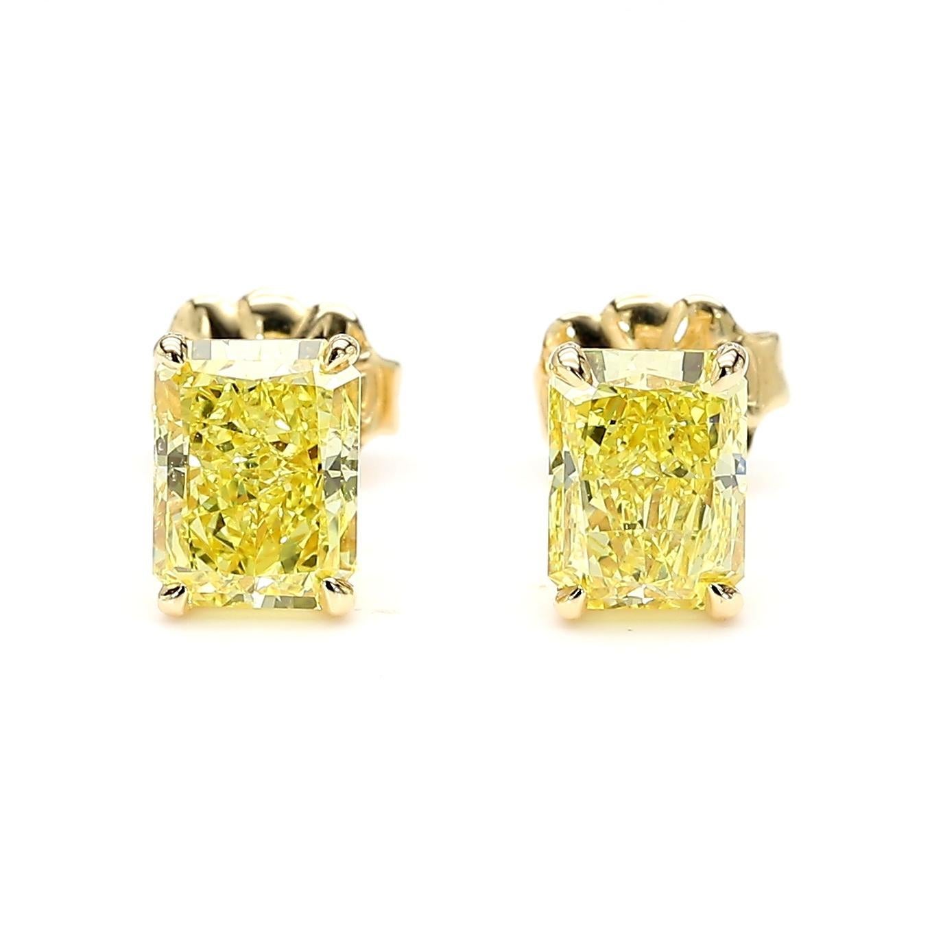 Contemporary GIA Certified Intense Yellow Radiant Diamond 1.84 Carat TW Gold Stud Earrings For Sale