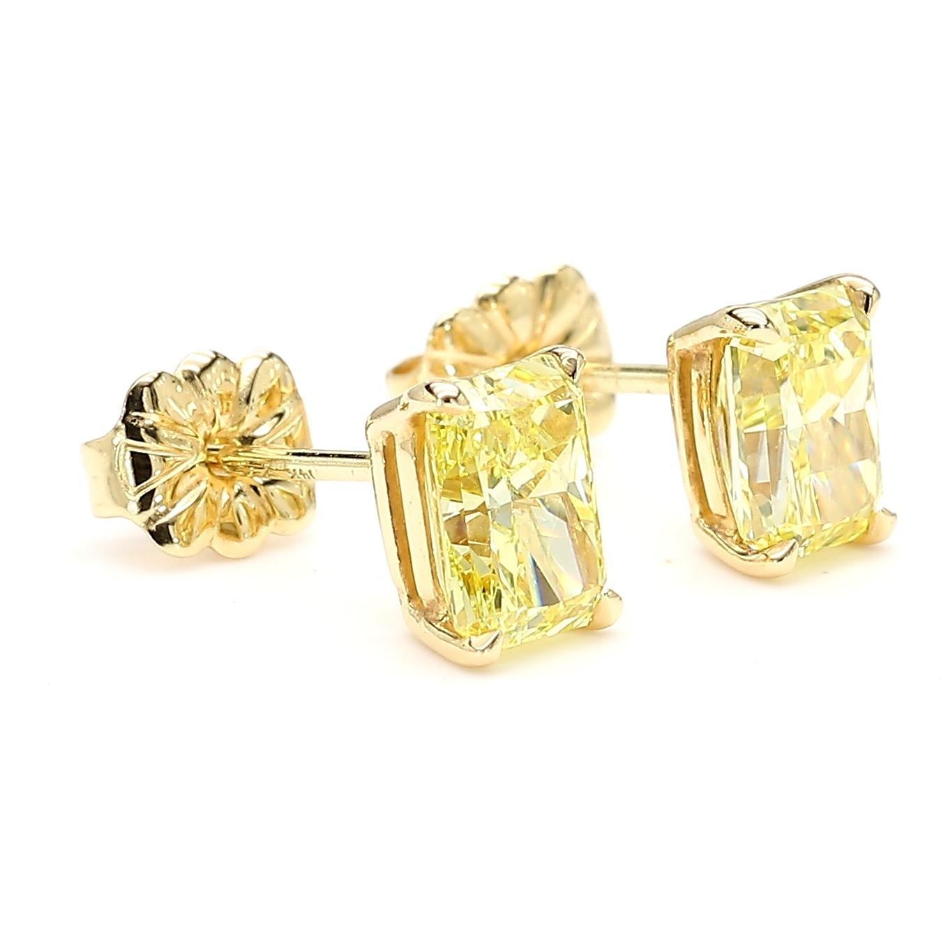 Radiant Cut GIA Certified Intense Yellow Radiant Diamond 1.84 Carat TW Gold Stud Earrings For Sale