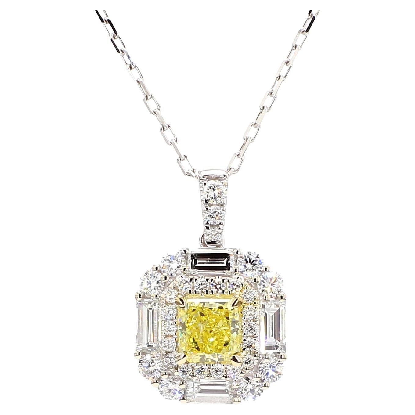 GIA Certified Intense Yellow Radiant Diamond 2.08 Carat TW Gold Drop Pendant