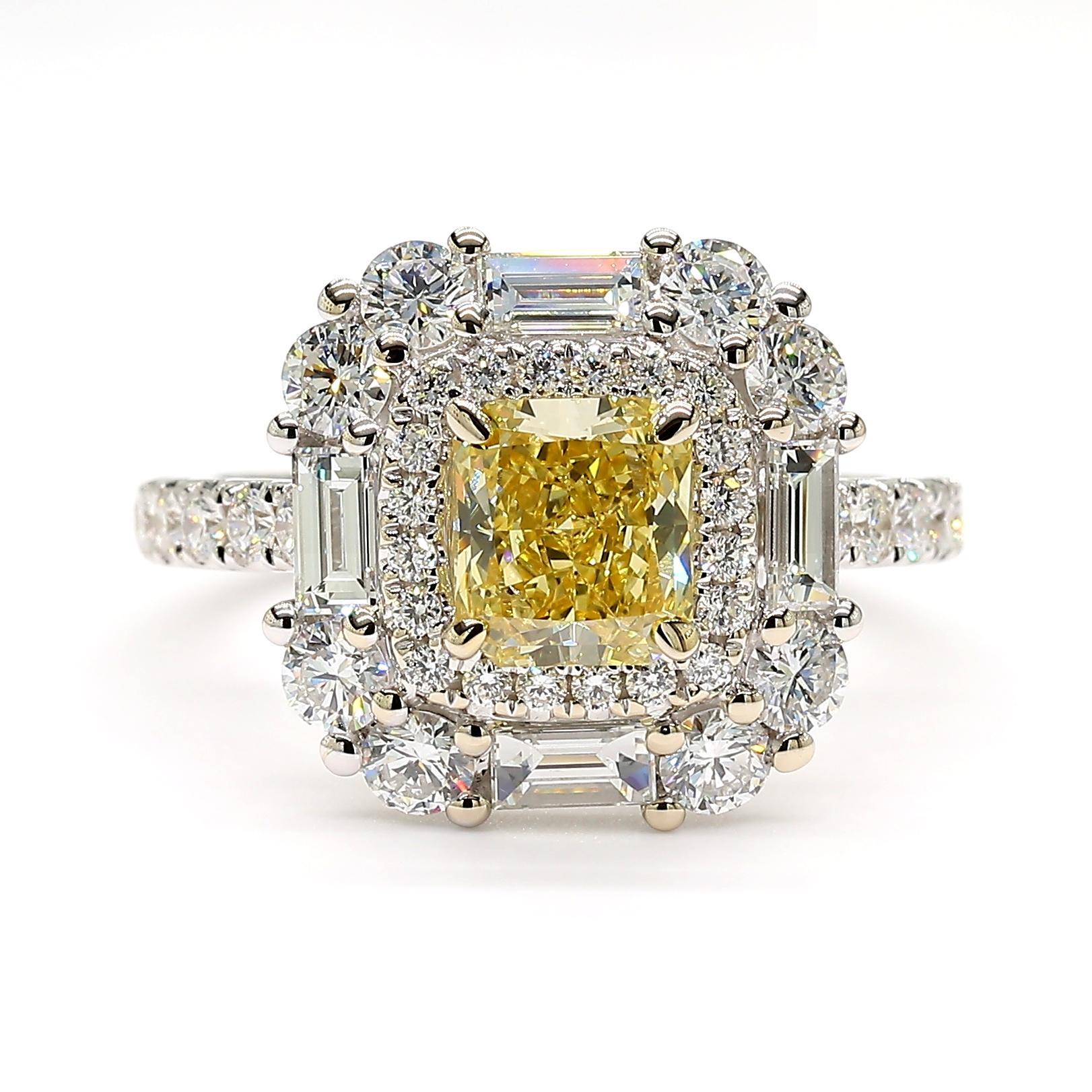 Contemporary GIA Certified Intense Yellow Radiant Diamond 2.54 Carat TW Gold Cocktail Ring For Sale