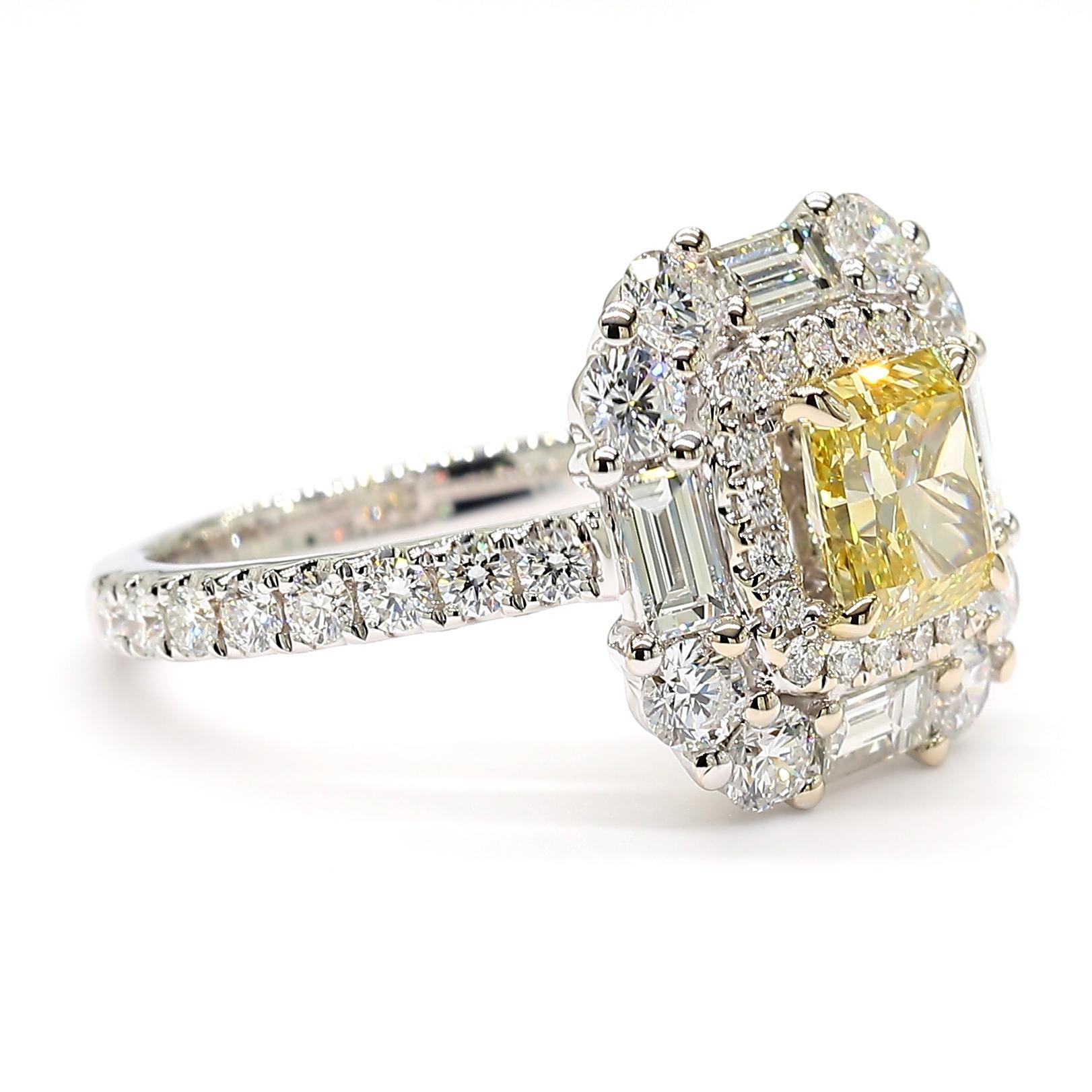 Radiant Cut GIA Certified Intense Yellow Radiant Diamond 2.54 Carat TW Gold Cocktail Ring For Sale