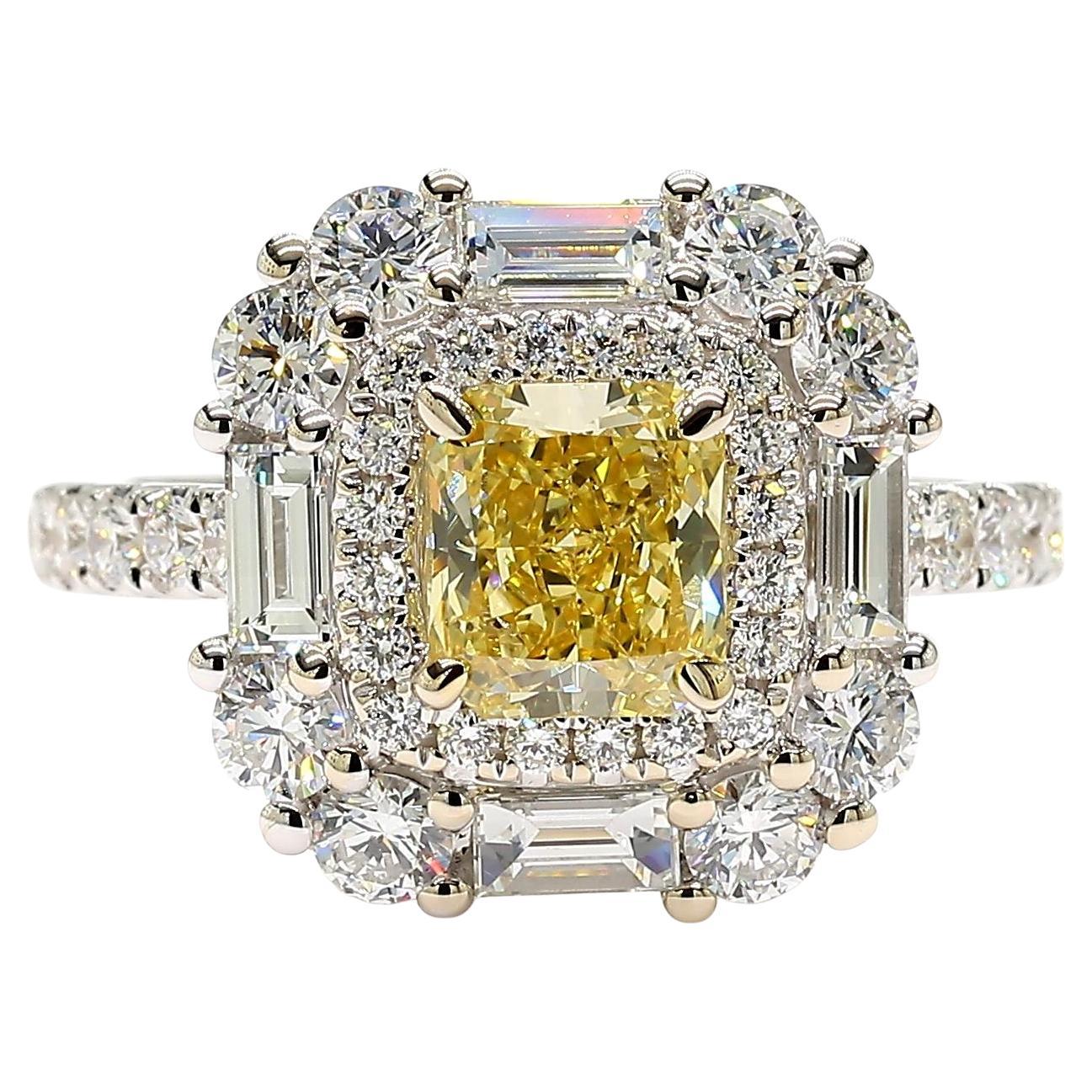 GIA Certified Intense Yellow Radiant Diamond 2.54 Carat TW Gold Cocktail Ring