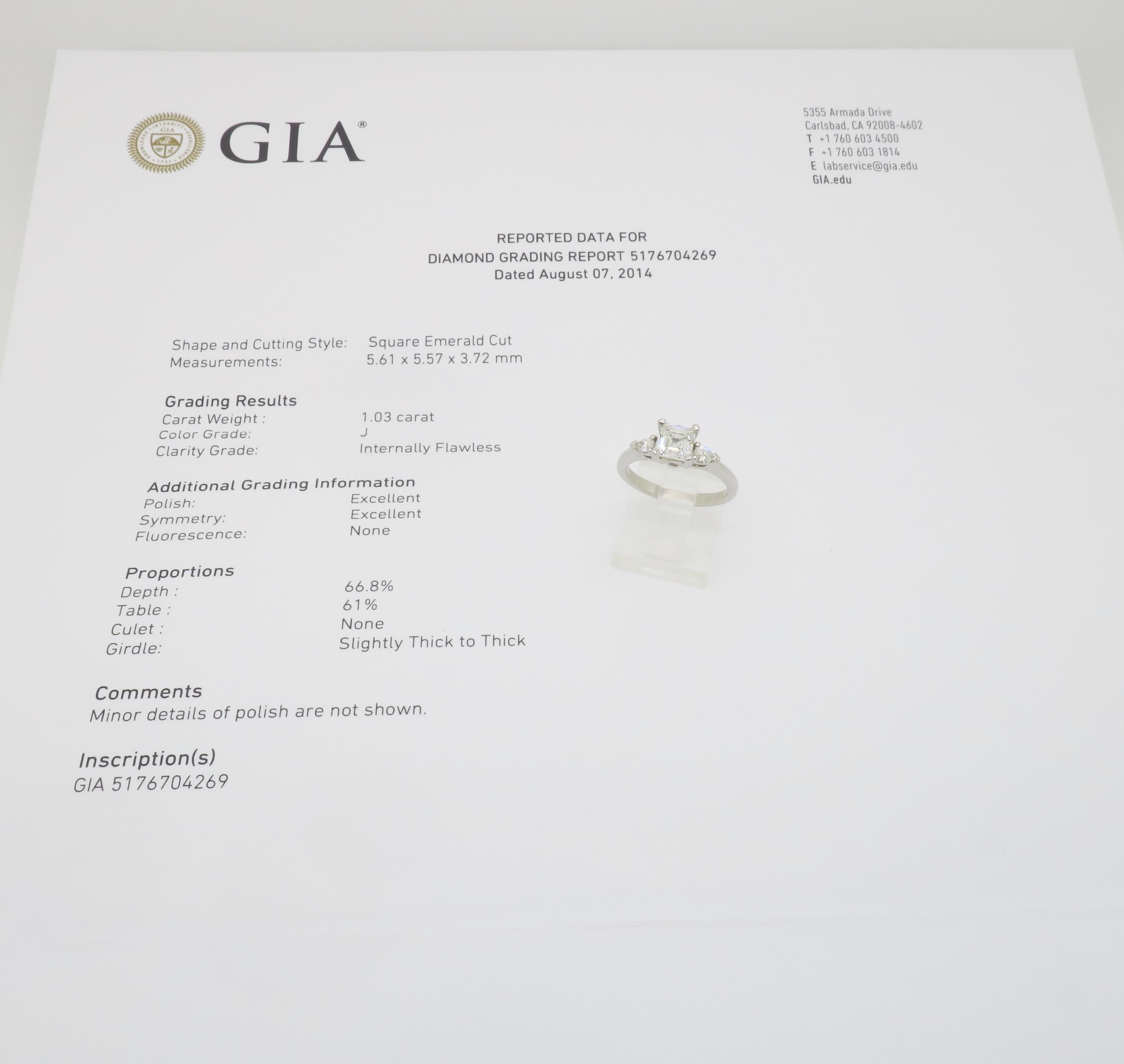 GIA Certified Internally Flawless 1.35CTW Asscher Cut Diamond Platinum Ring For Sale 11