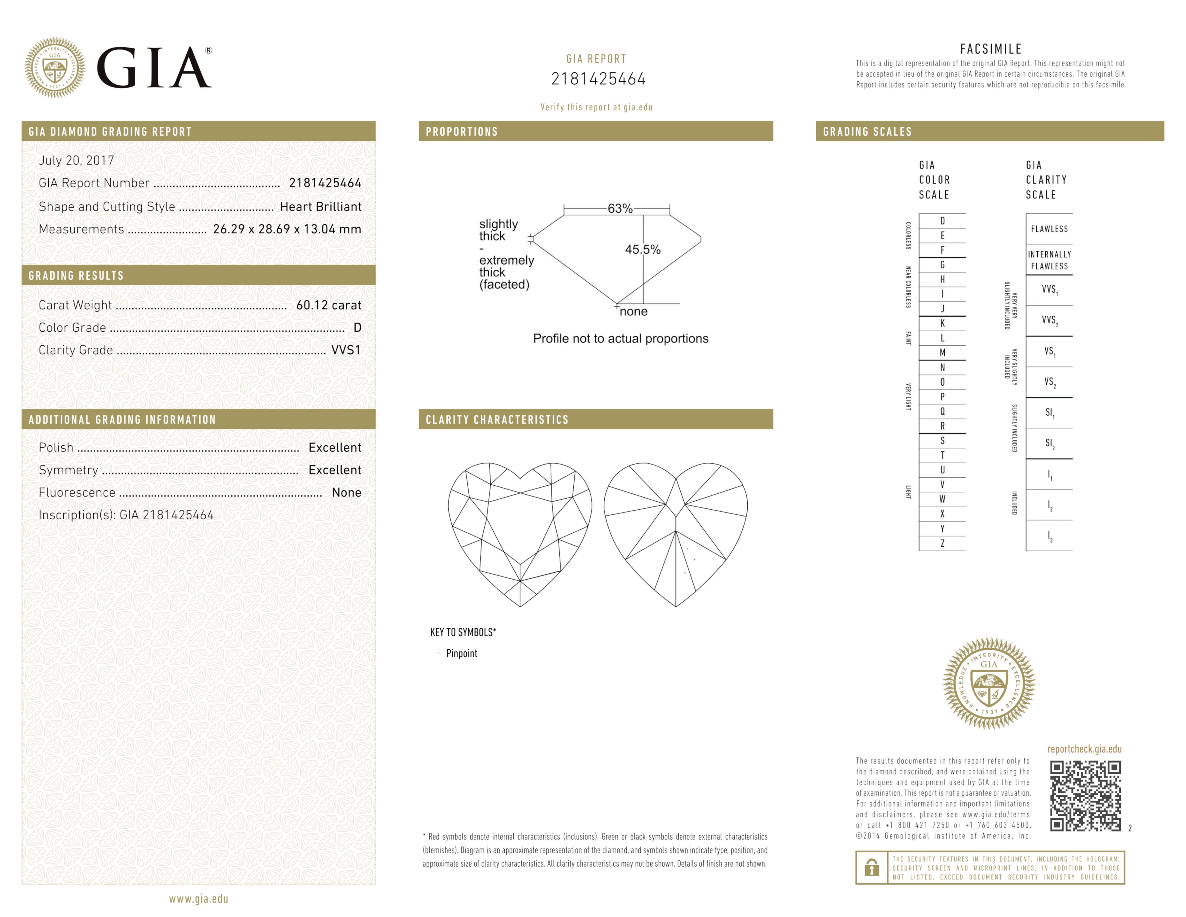 Cuore Diamante da investimento certificato GIA - 60 Carati, colore D, purezza VVS1 in vendita