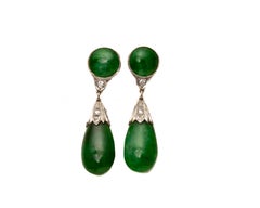 GIA Certified Jade and .10 Carat Diamond Drop Platinum and 14k Gold Earrings
