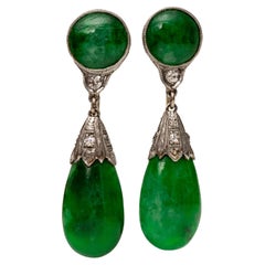 GIA Certified Jade and .10 Carat Diamond Drop Platinum and 14k Gold Earrings