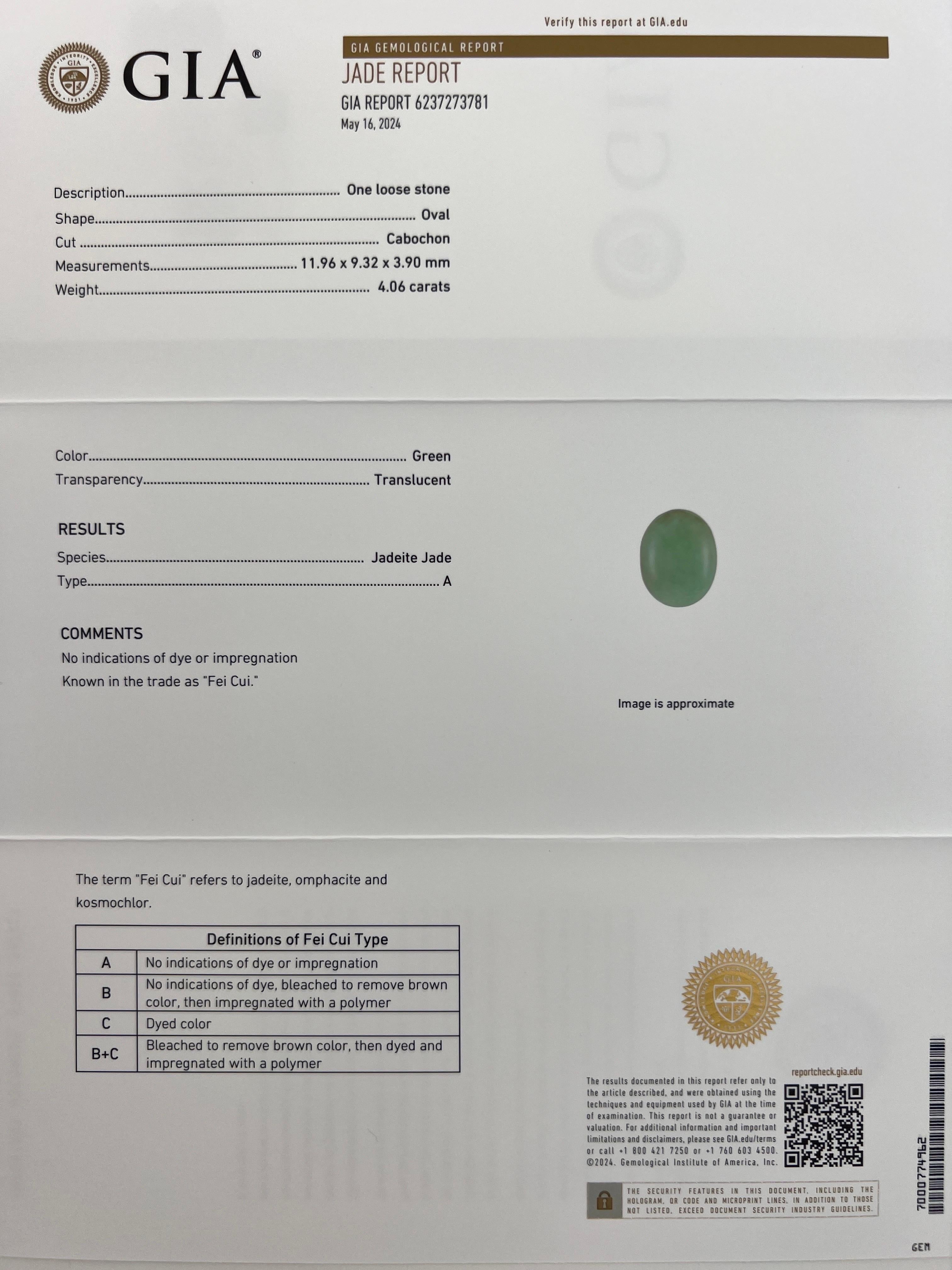 Oval Cut GIA Certified Jadeite A Grade Jade 4.06ct Untreated Yellow Gold Oval Signet Ring