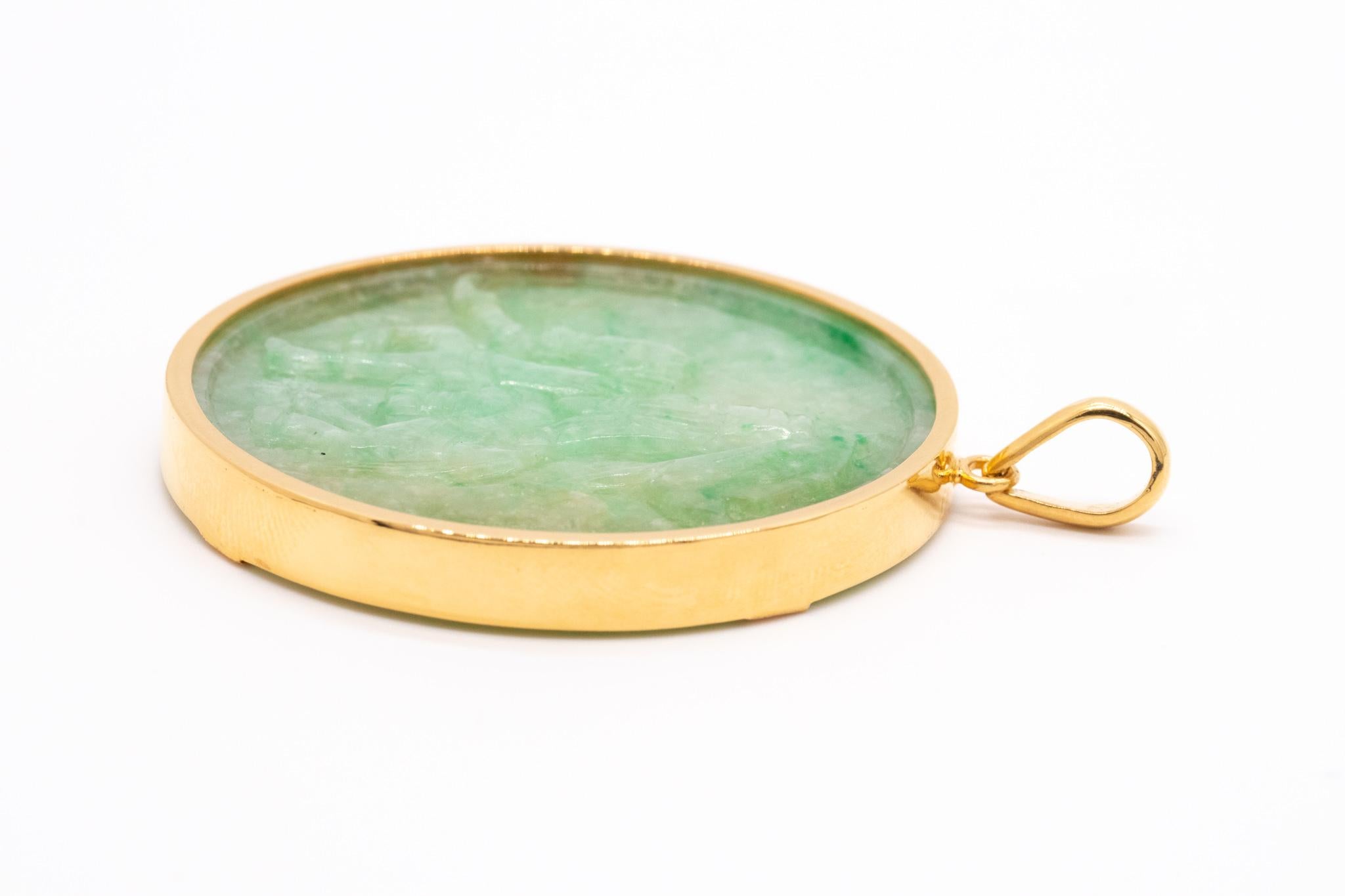 GIA Certified Jadeite Green Jade Pendant in 18Kt Yellow Gold 102.27 Cts Gemstone In Excellent Condition For Sale In Miami, FL