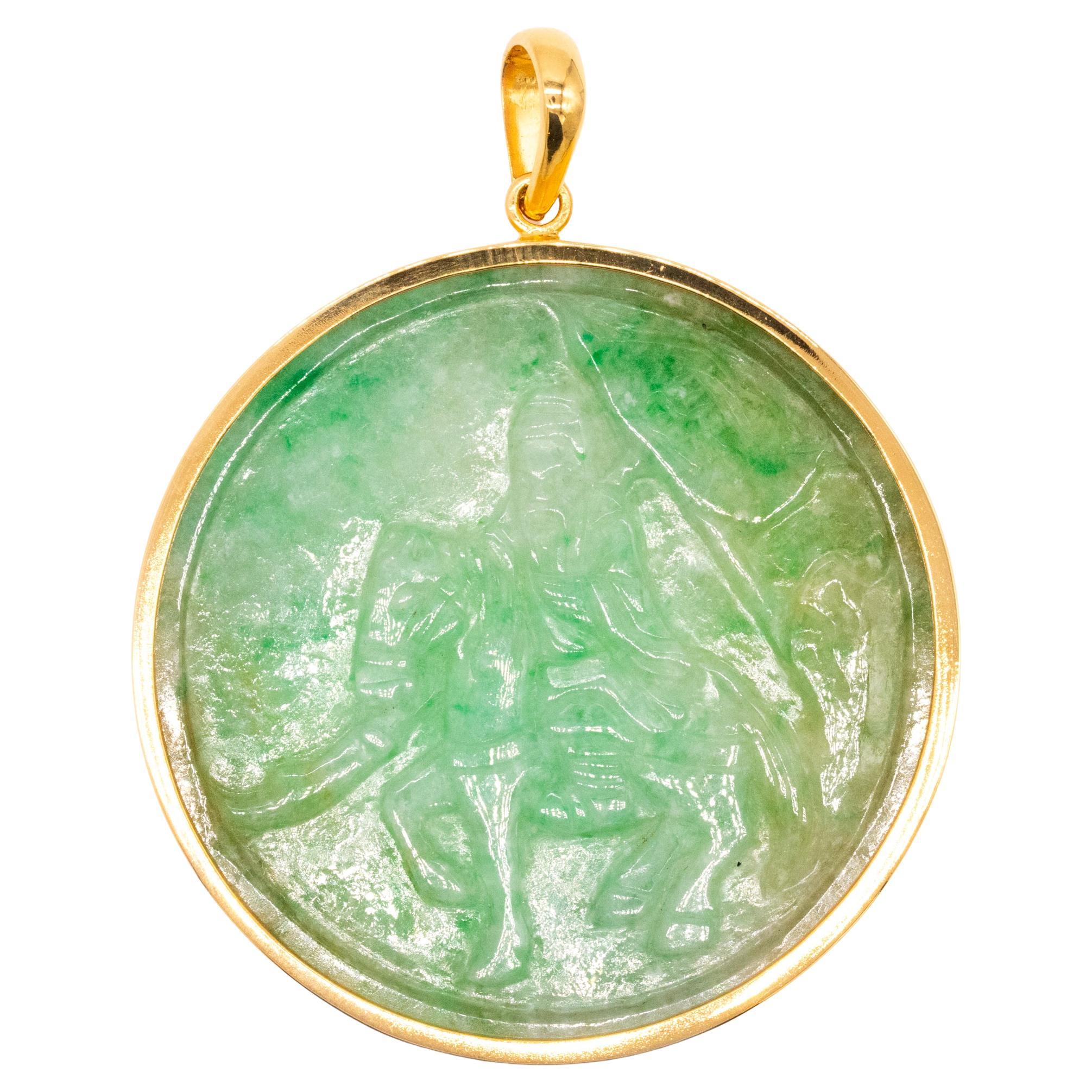 GIA Certified Jadeite Green Jade Pendant in 18Kt Yellow Gold 102.27 Cts Gemstone For Sale
