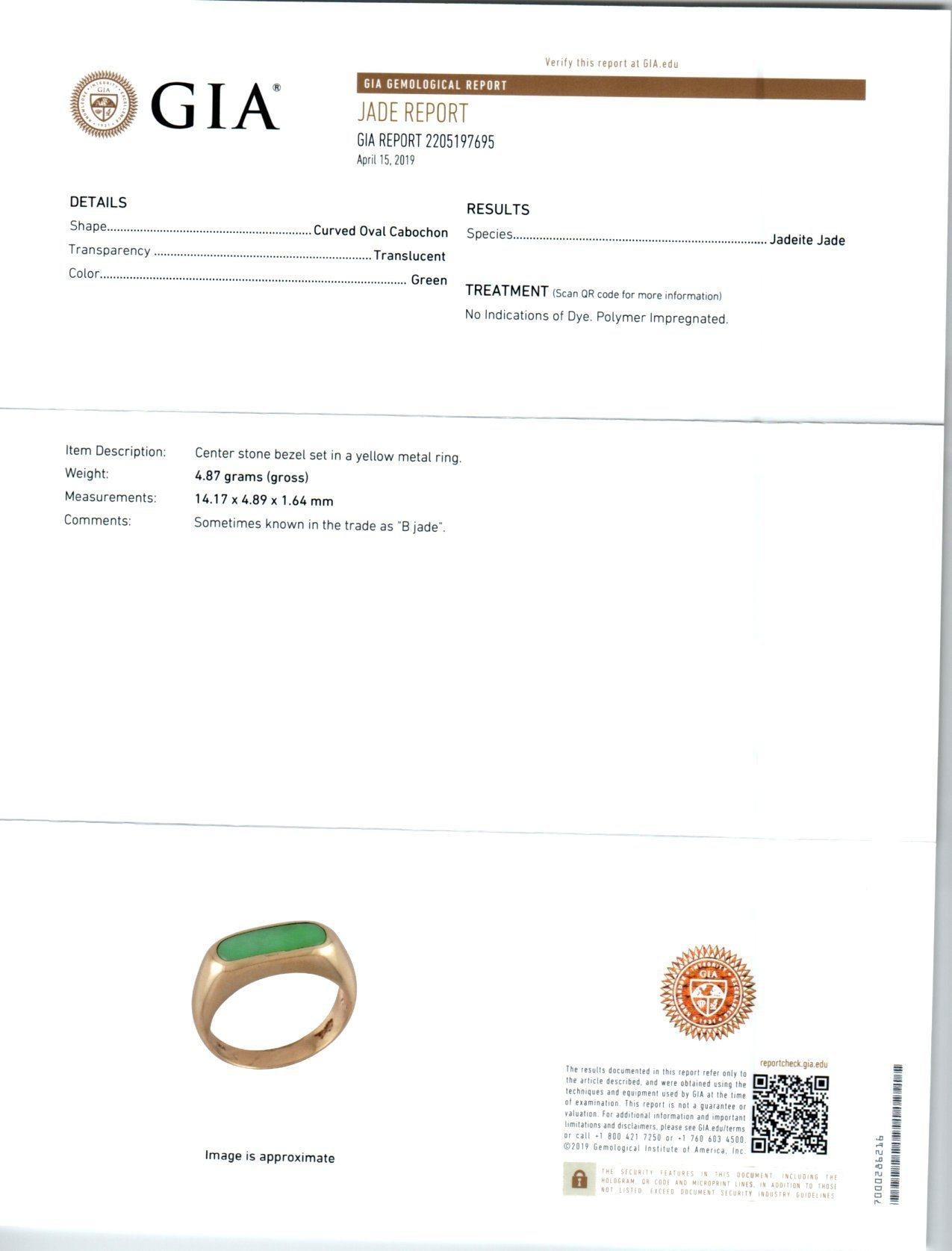 GIA Certified Jadeite Jade 14 Karat Yellow Gold Saddle Ring 2