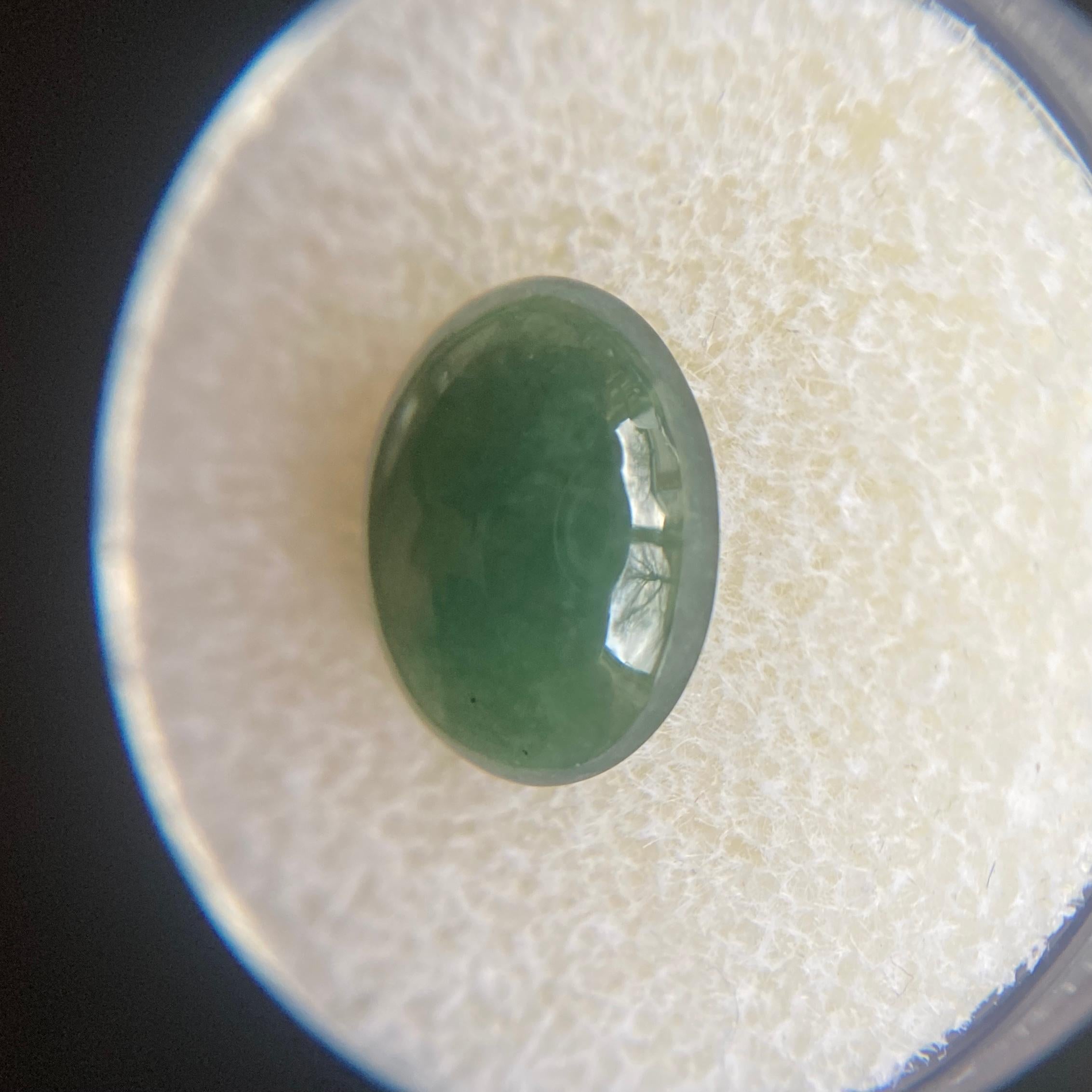 GIA Certified Untreated Jadeite Gemstone.

3.38 Carat with an excellent oval cabochon cut. Fully certified by GIA, one of the best and most well equipped gem labs.

Totally Untreated Jadeite jade, referred to as ‘A’ grade in the trade. Mined in